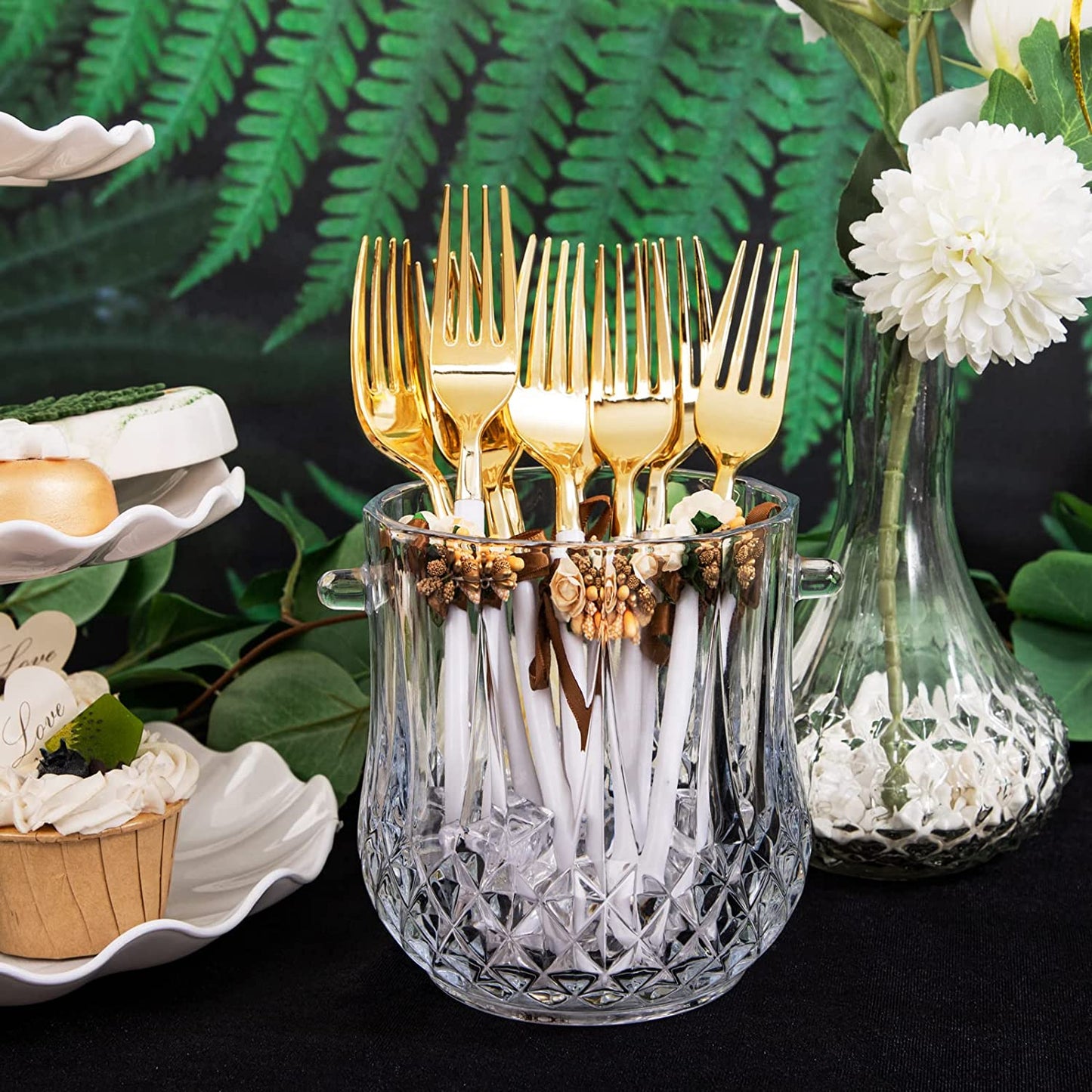 96pcs Dessert Plates Set Include 48pcs Gold Plastic Dessert Plates,48pcs Gold Dessert Forks,Disposable Clear Appetizer Plates 7.5", Perfect for Parties or Weddings