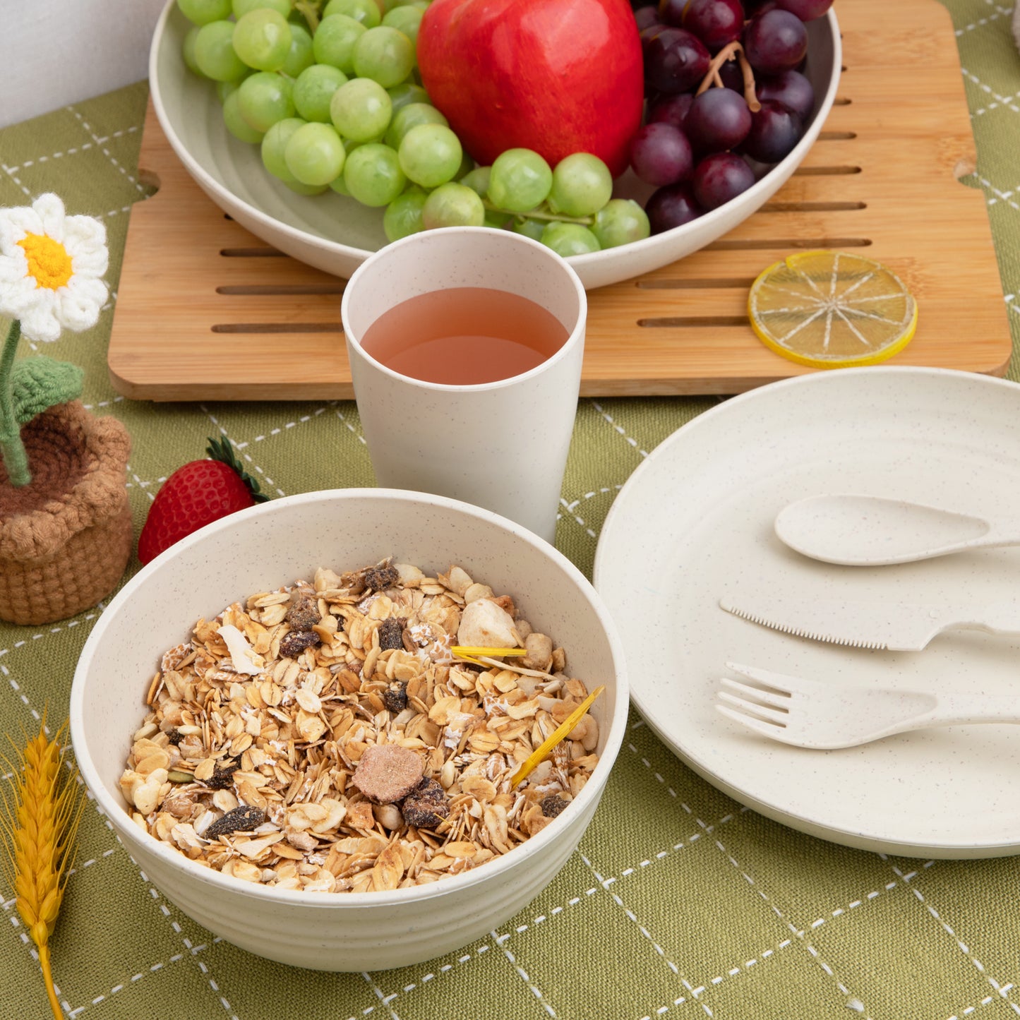 28pcs Wheat Straw Dinnerware Set for 4,Wheat Straw Plates and Bowls Set,Light Weight Dinnerware Reusable Dishwasher Microwave Safe,Deep Plastic Plates,Cereal Bowls,Cups and Utensils Sets