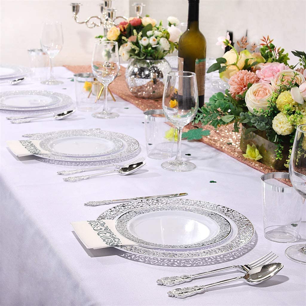 100pcs Plastic Silver Plates, 10.25" Big Party Dinner Plates, White Plastic Plates with Silver Rim，Silver Plastic Plates for Party or Wedding, Silver Lace Plates