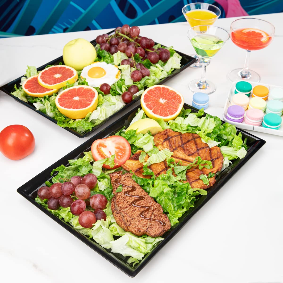 Supernal 12 Pack Black Plastic Serving Trays, 15"x10" PlasticTrays, Plastic Fast Food Tray, Heavy Duty Platters, Disposable Serving Party Platters Black，Party Serving Trays