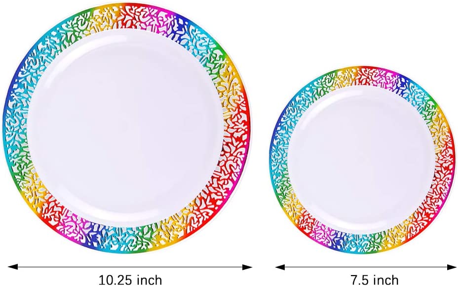 60pcs Gold Plastic Plates,Disposable Lace Plates,Rainbow Plastic Plates,Tie-dye Plates,Birthday Party Plates Include 30 Dinner Plates,30 Salad Plates,Perfect for Birthday,Party,Wedding