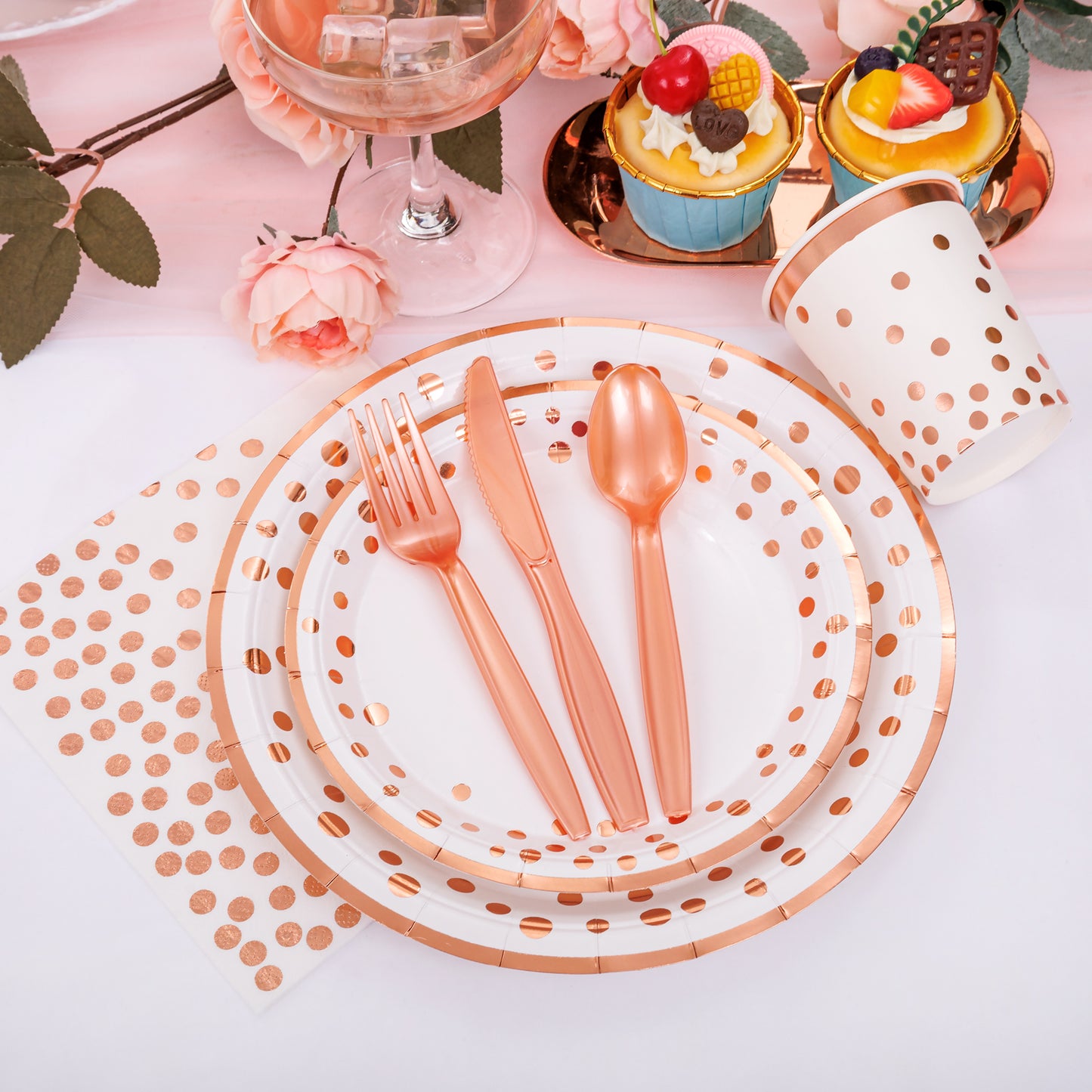 350pcs Rose Gold Plates and Napkins Party Supplies,Happy Birthday Plates and Napkins,Rose Gold Paper Plates,Napkins,Cups,Rose Gold Plastic Forks,Knives,Spoons for Womens Birthday Decorations