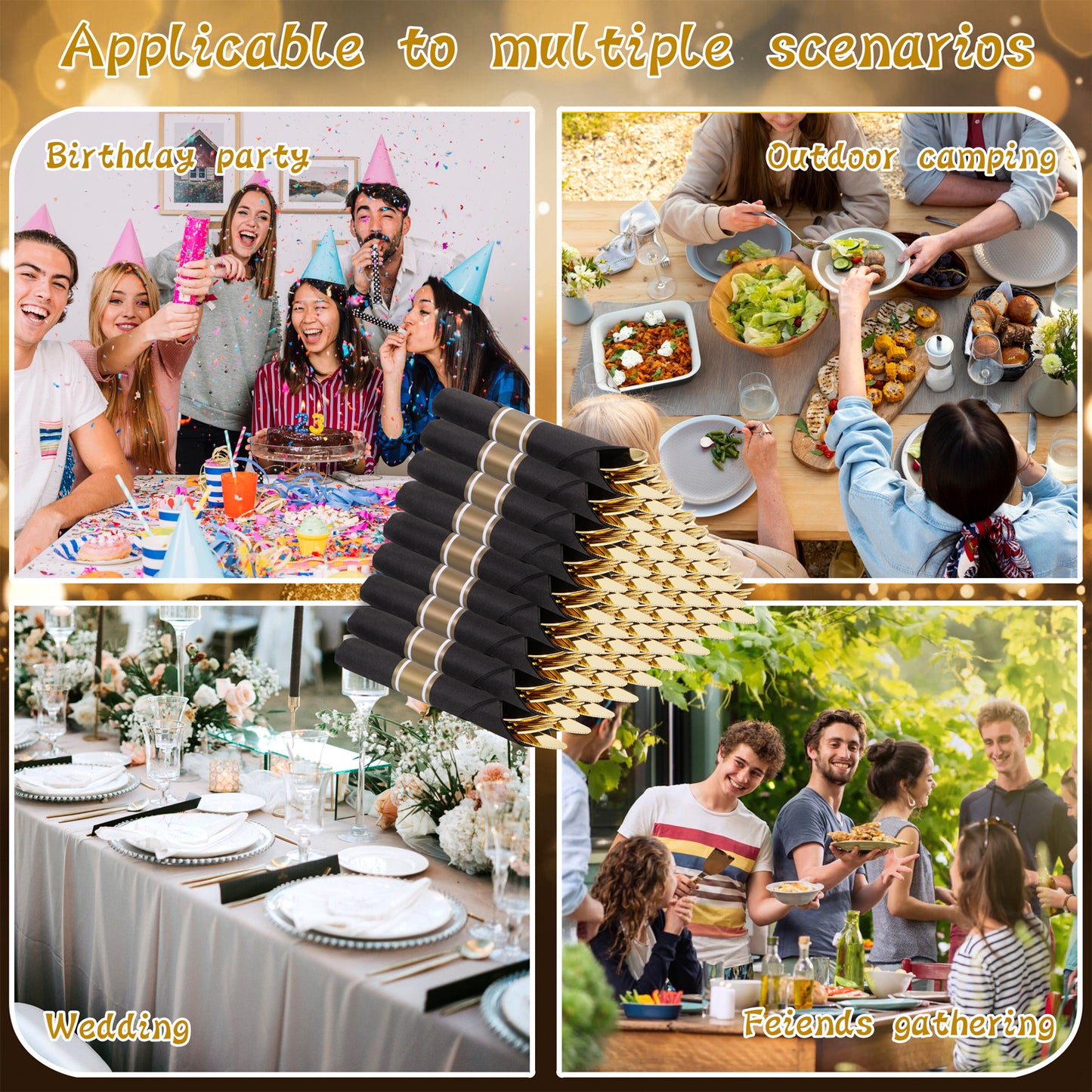 60 Pack Gold Plastic Silverware,Rolled Plastic Silverware,Pre Wrapped Gold Silverware with Black Napkins,Heavy Duty Plastic Cutlery,Plastic Forks and Spoons,Rolled Gold Plastic Cutlery