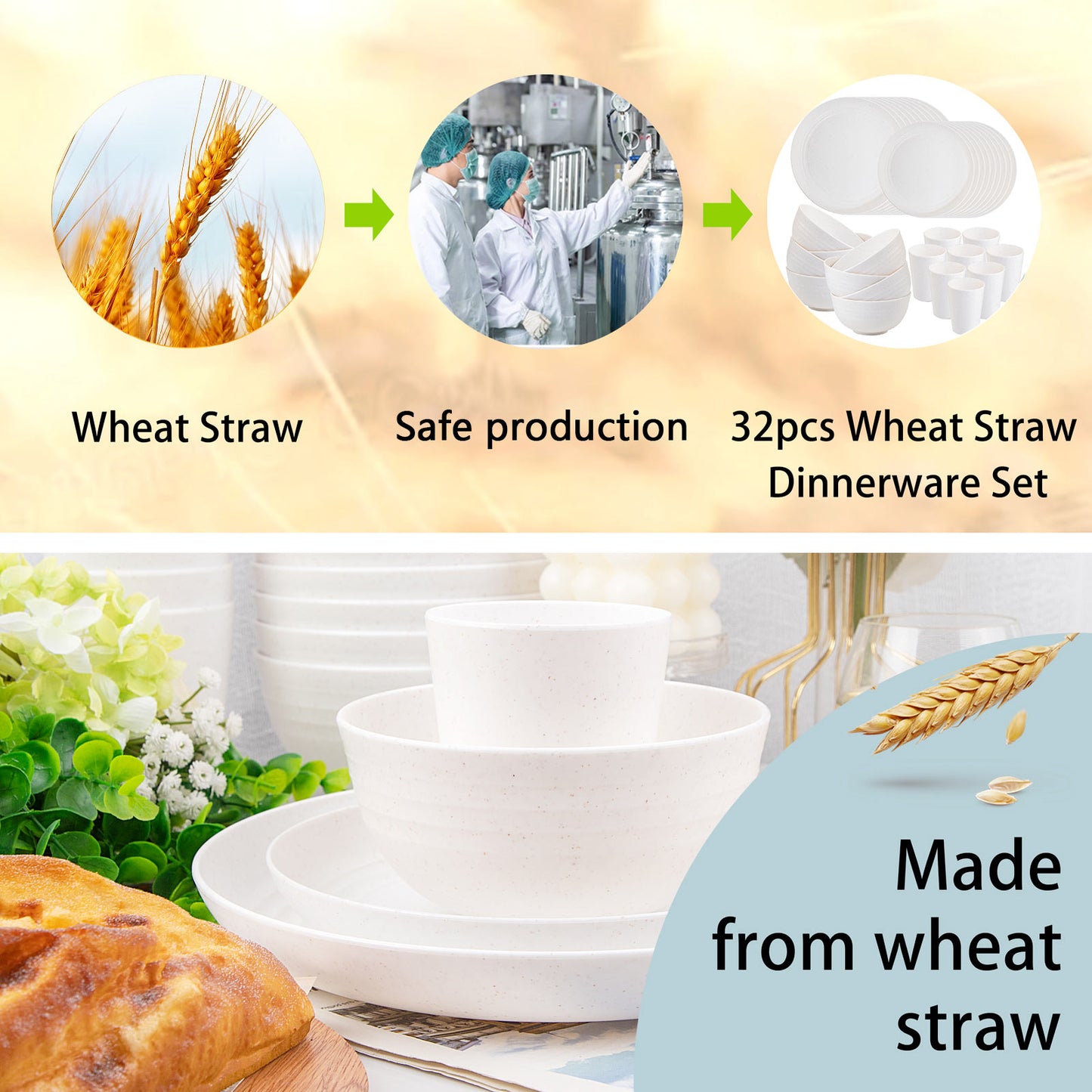 32pcs Wheat Straw Dinnerware Sets, White Dishes for 8, Plates and Bowls Sets, Reusable Plastic Plates, Microwave Dishwasher Safe Plates, White Plastic Dinnerware Set, White Plastic Plates