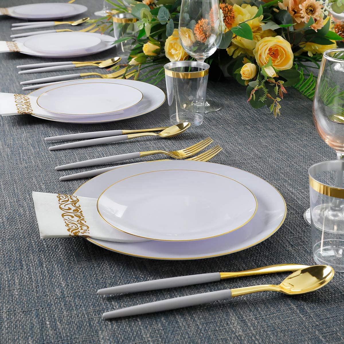 350pcs Gold Plastic Dinnerware Set,Gold Plastic Silverware with White Handle,Disposable White Plastic Plates for Party or Wedding,Clear Cups,Gold Rim Napkins
