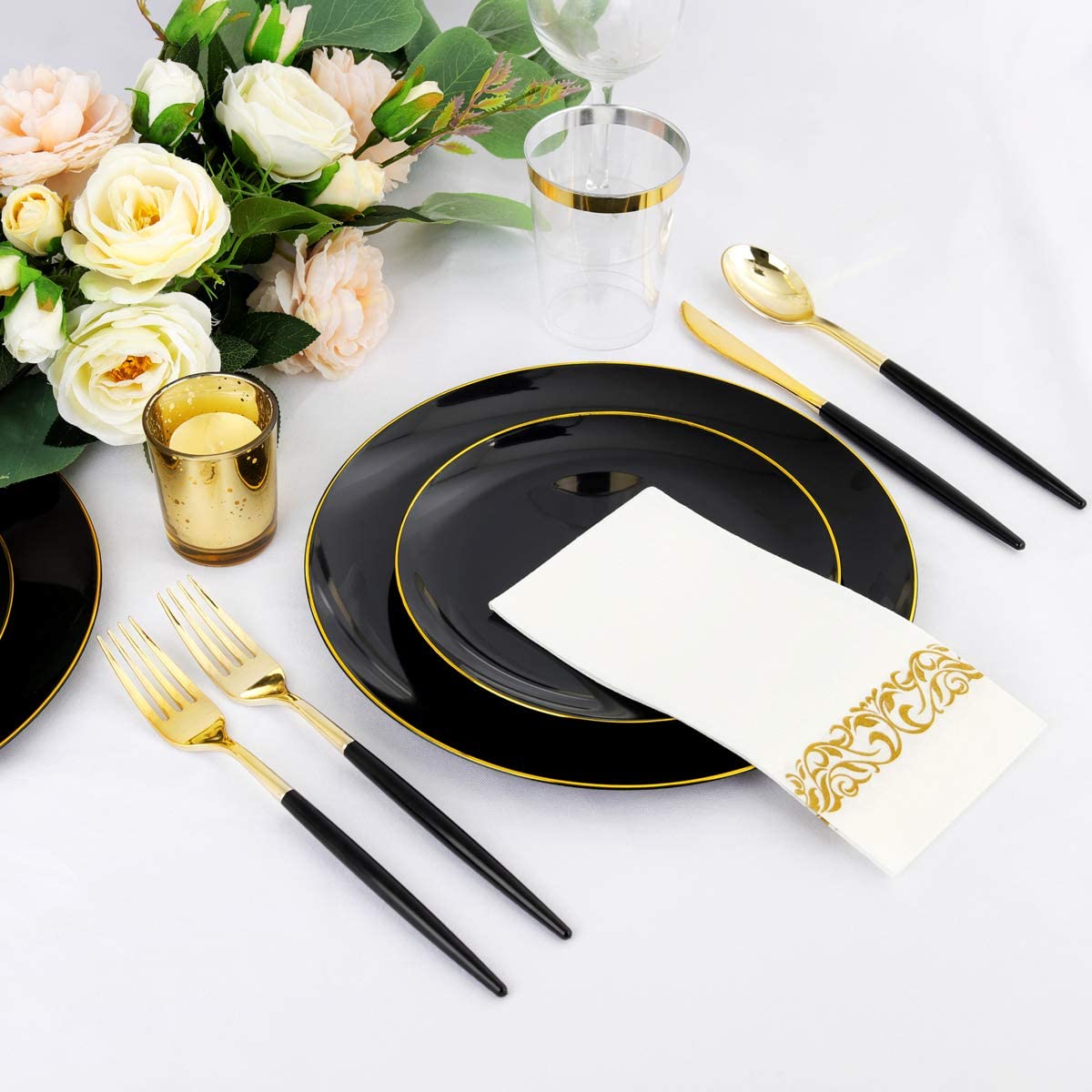 350pcs Black Plastic Dinnerware Set,Black Plastic Plates with Gold Rim,Black and Gold Plastic Plates,Gold Plastic Silverware,Wedding Party Plates,Plastic Cups with Gold Rim for Halloween