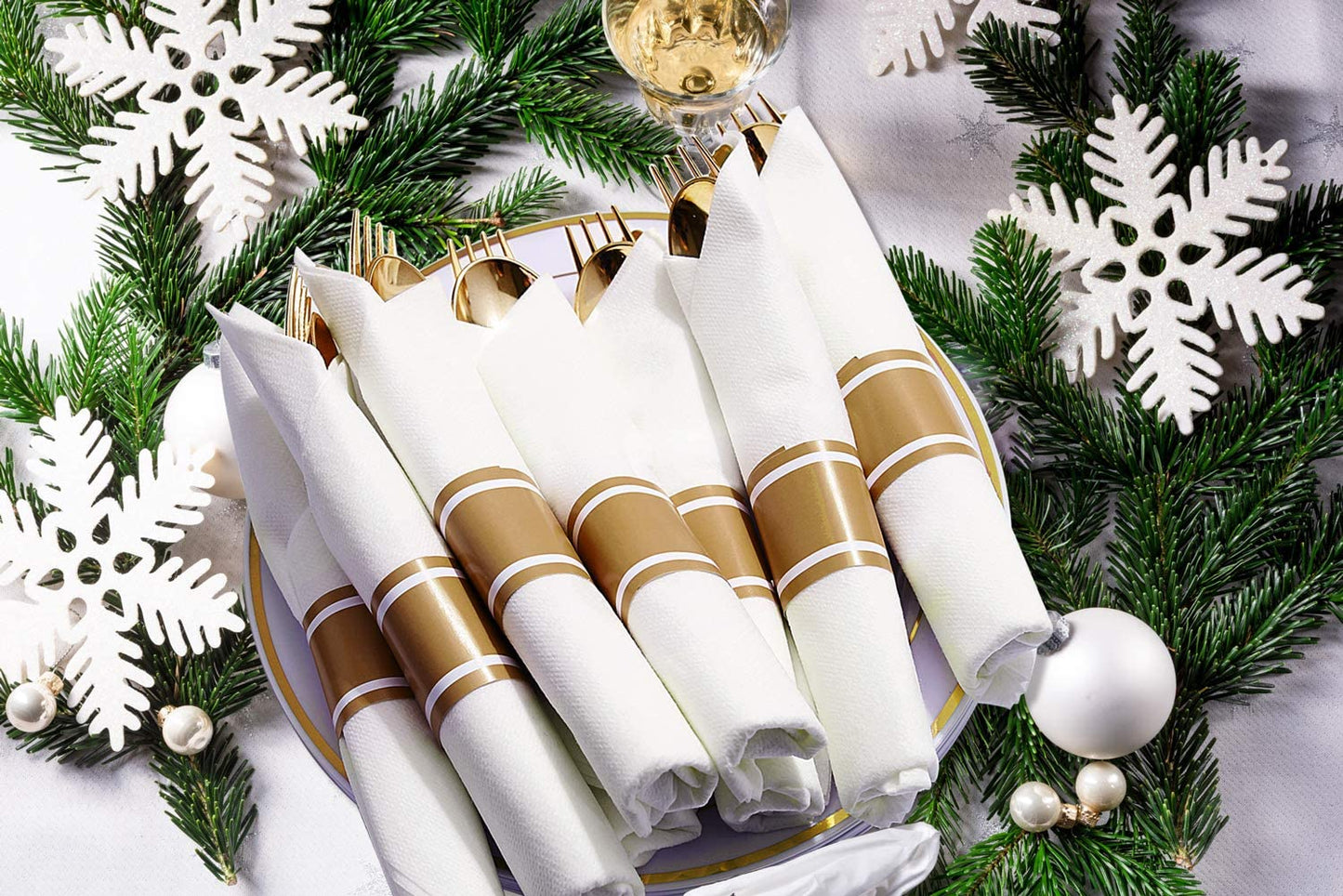 Set of 30pack, Pre Rolled Napkin with Gold Plastic Silverware, Disposable Gold Silverware with Linen Napkin, Heavy Weight, Wrapped Plastic Silverware Suit for Wedding, Catering Event, Party