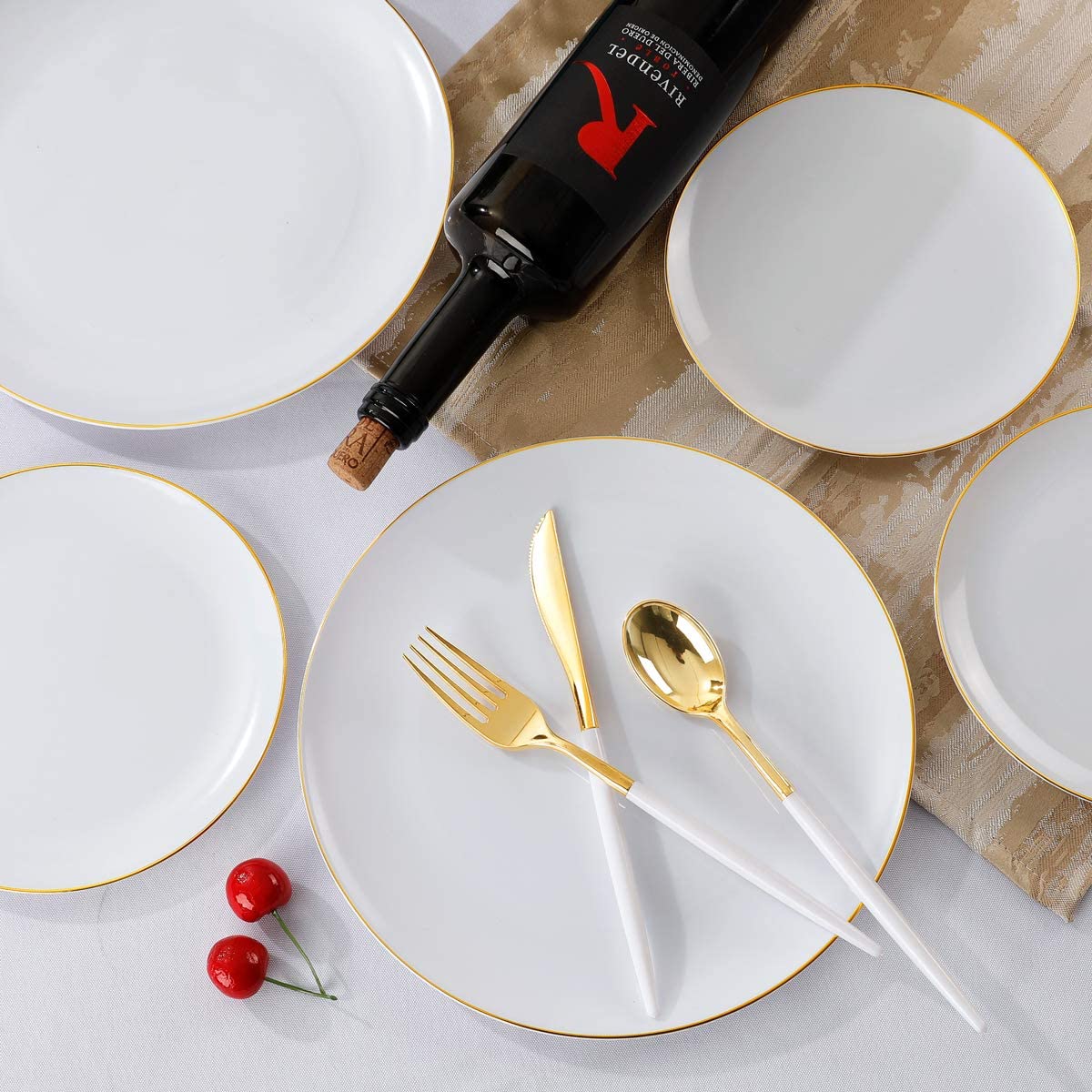150pcs White and Gold Plastic Plates,Gold Plastic Silverware,Gold Plastic Dinnerware Set Includes 60 Gold Plates,30 Forks,30 Knives,30 Spoons For Weddings Celebrations and Parties