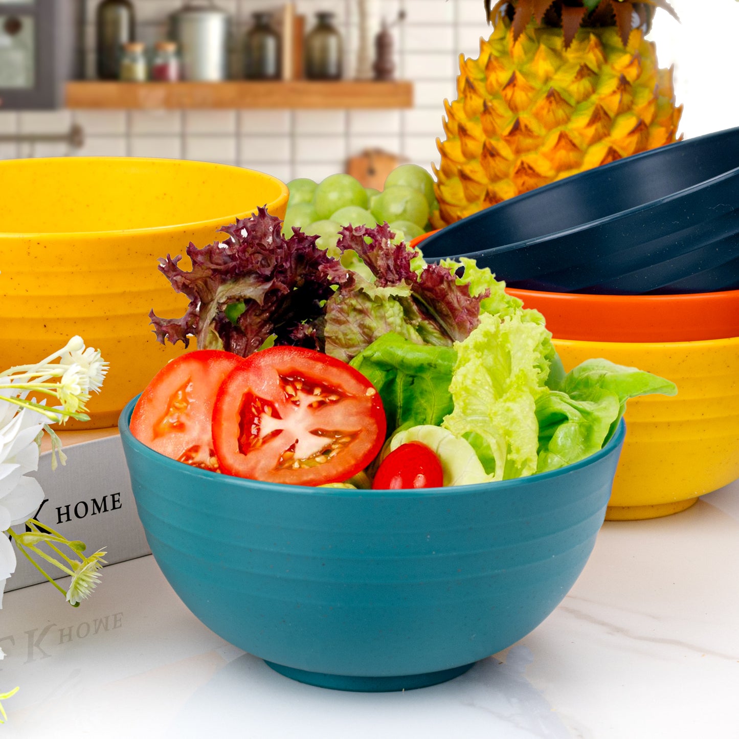 32pcs Wheat Straw Dinnerware Sets,Plastic Plates and Bowls Sets for 8,Unbreakable Plates and Bowls Sets Dishwasher Safe Microwave Safe Fun Colors Perfect for Cooking Family Camping Picnics