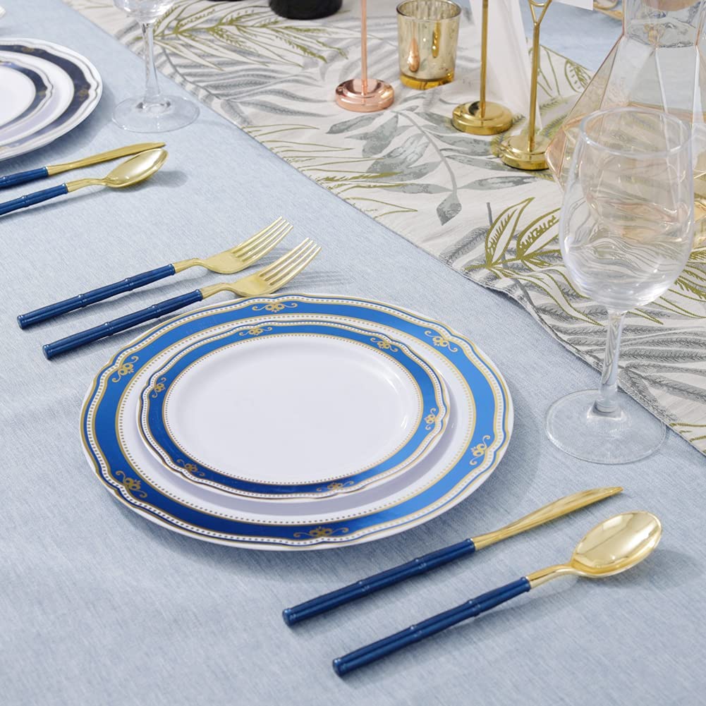 180 Pieces Gold Plastic Silverware,Gold Plastic Cutlery with Blue Glitter Bamboo Handle,Elegant Plastic durable Cutlery,60 Gold Knives,60 Gold Forks,60 Gold Spoons