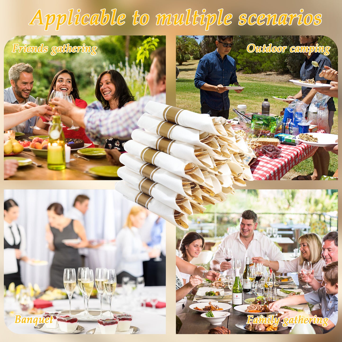 120 Pack Gold Plastic Silverware,Wrapped Plastic Cutlery Set with Napkin,Gold Silverware Disposable,Pre Rolled Napkins with Plastic Cutlery Set,Rolled Silverware Disposable,Wrapped Silverware