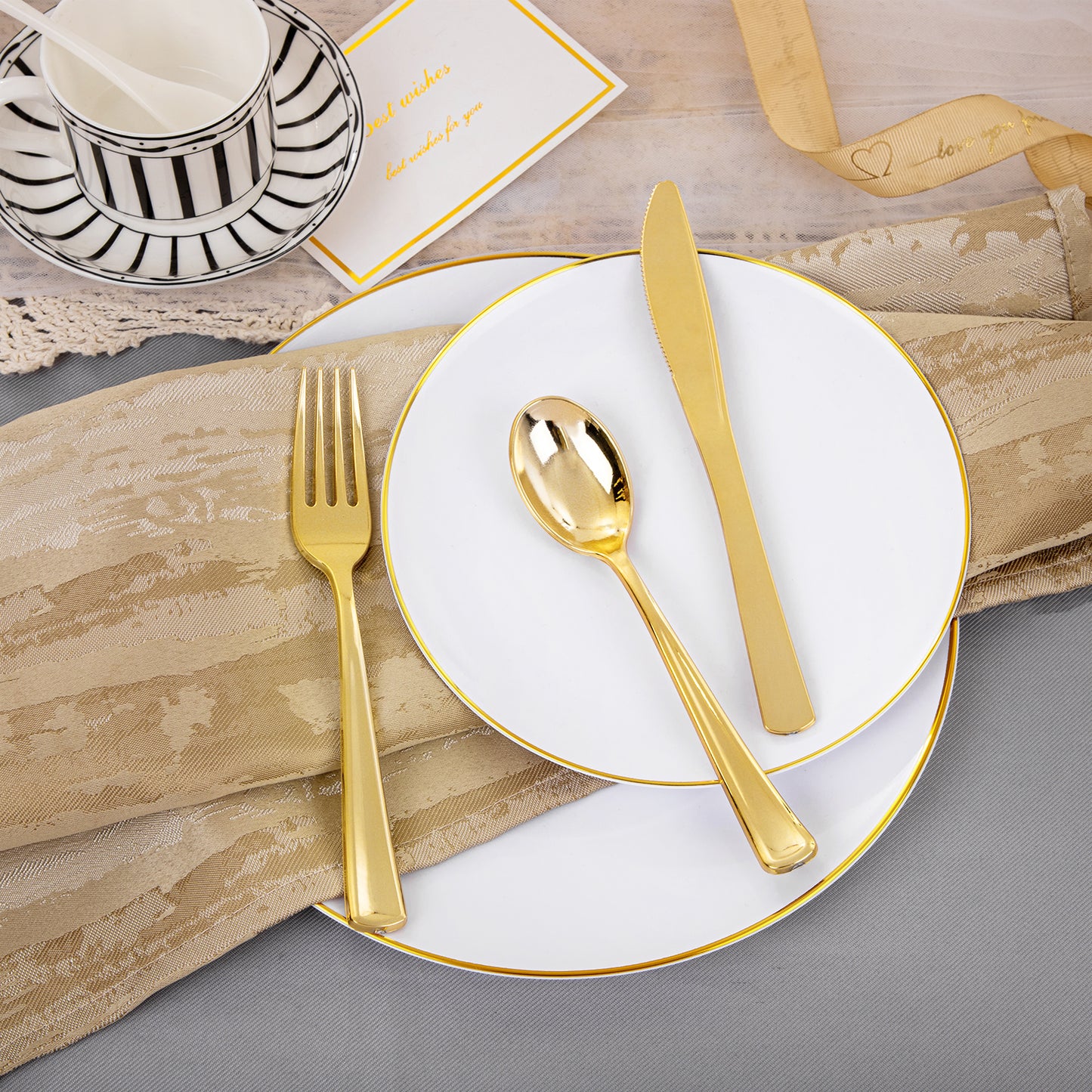 350PCS Gold Plastic Plates,White and Gold Plastic Dinnerware Set,White Plastic Plates with Gold Rim,include 100 Plastic Plates, 150 Gold Plastic Silverware, 50 Cups, 50 Napkins for Wedding