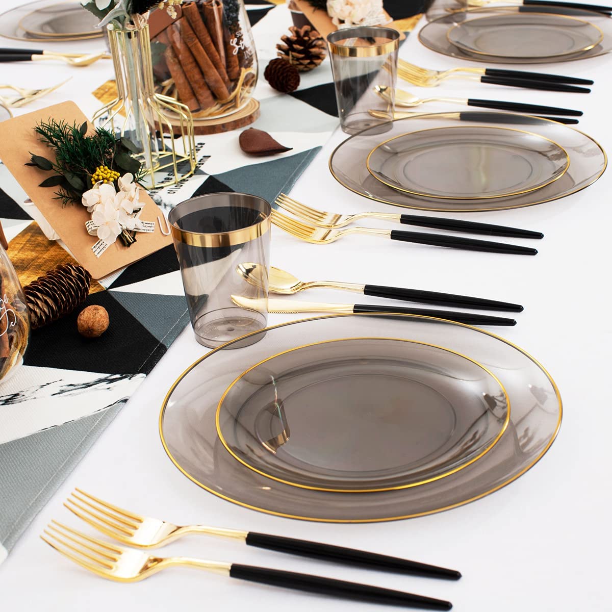 180pcs Black Plastic Dinnerware Set,Black Plastic Plates,Clear Plastic Plates with Gold Rim,Gold Plastic Silverware,Black Clear Gold Cups for Halloween