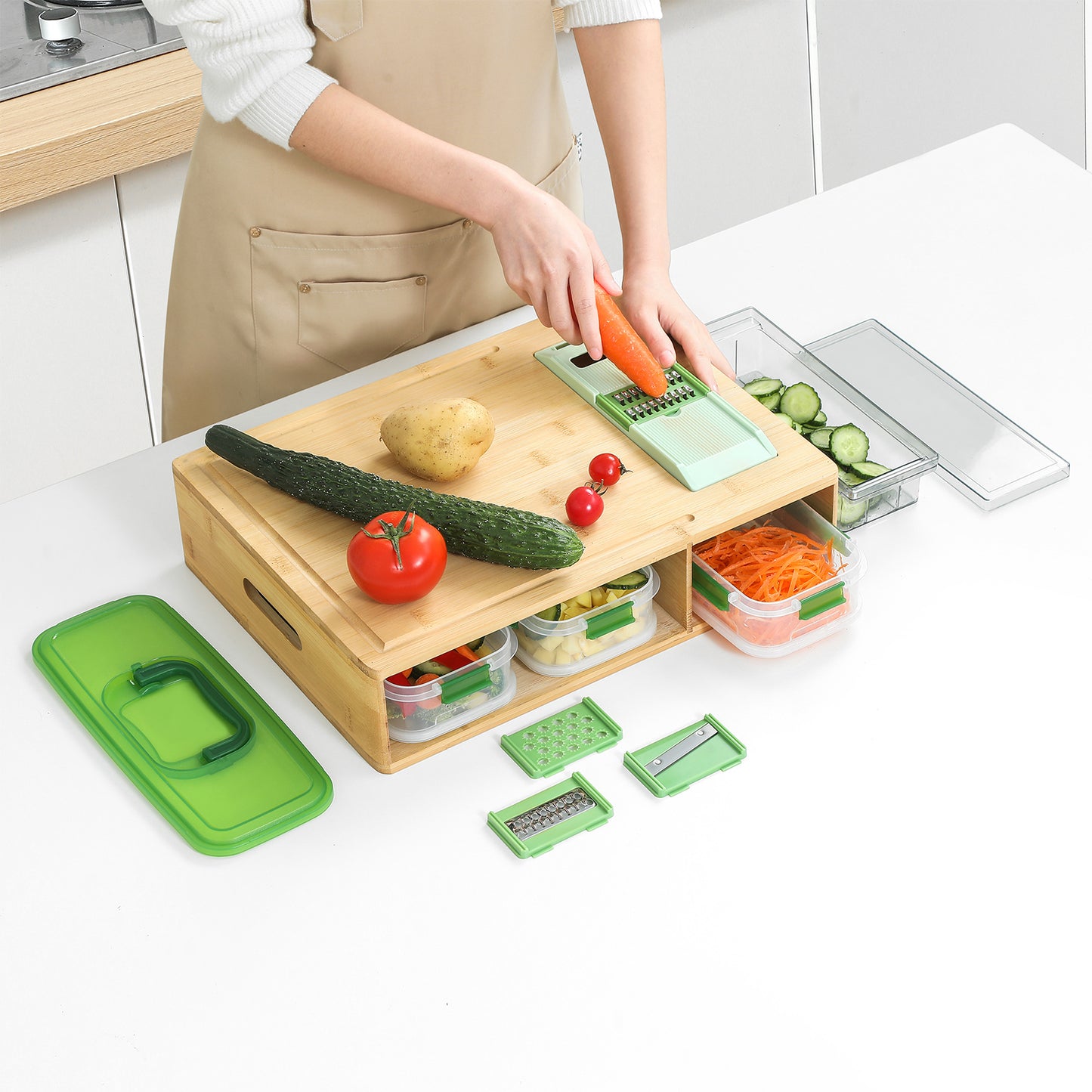 Cutting Board with Containers,Bamboo Cutting Board Set with Stackable,Smart Cutting Board,Large Chopping Boards Set,Storage Box with Lid,Graters, Easy To Clean Kitchen Prep Station