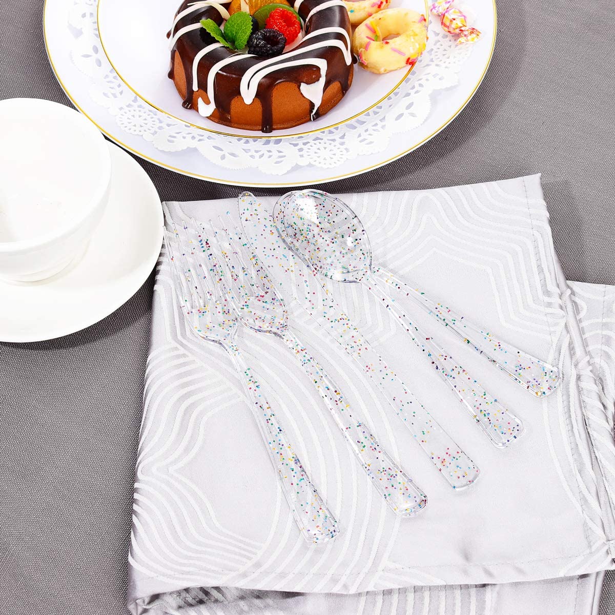 360pcs Clear Plastic Silverware, Glitter Disposable Cutlery with Colorful Design,120 Forks,120 Knives,120 Spoons,Perfect for Parties Birthday