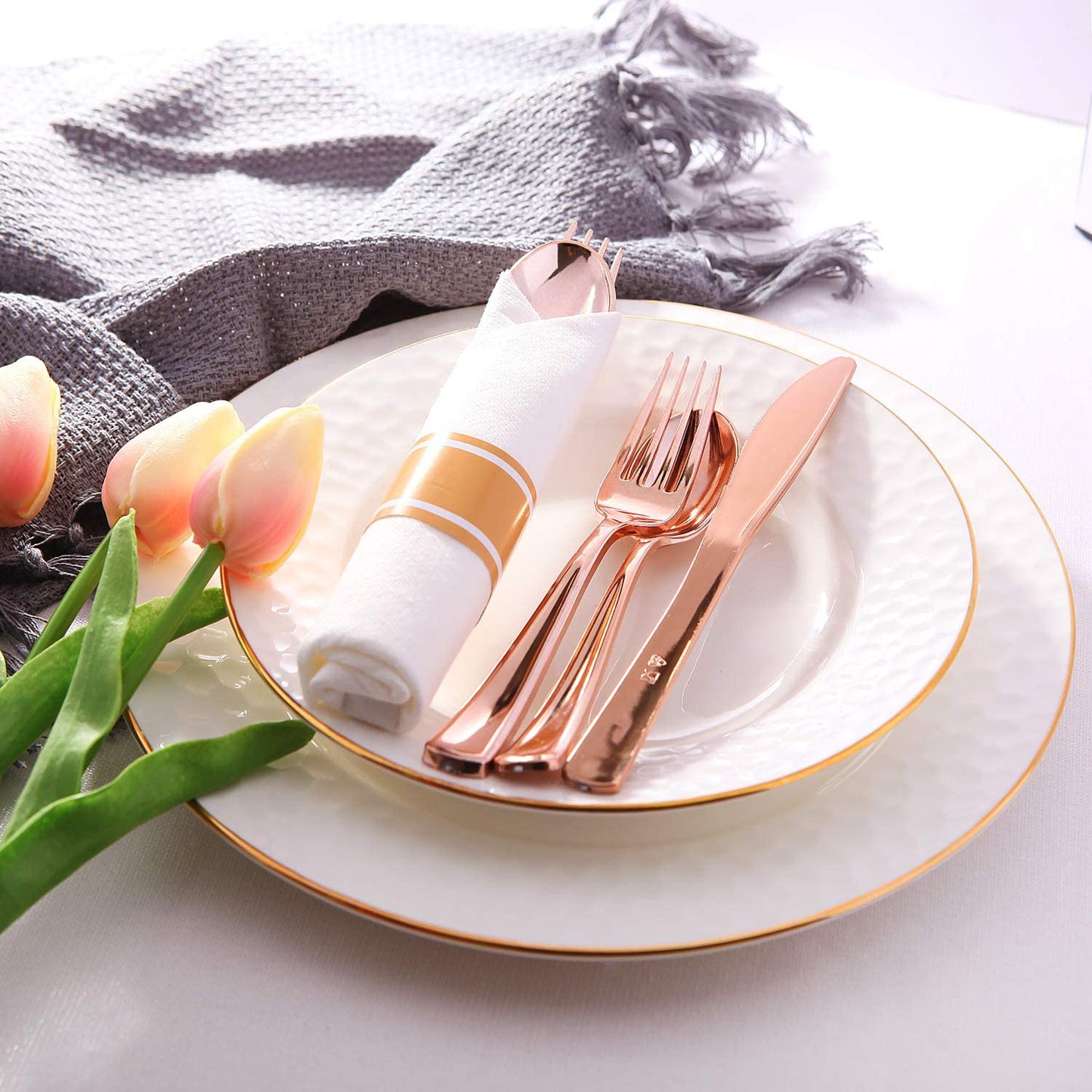 Set of 30packs,Rose Gold Plastic Silverware, Pre Rolled Napkin with Cutlery, Disposable Silverware with Rose Gold Linen Napkin, Wrapped Plastic Silverware Set Suit for Party,Wedding