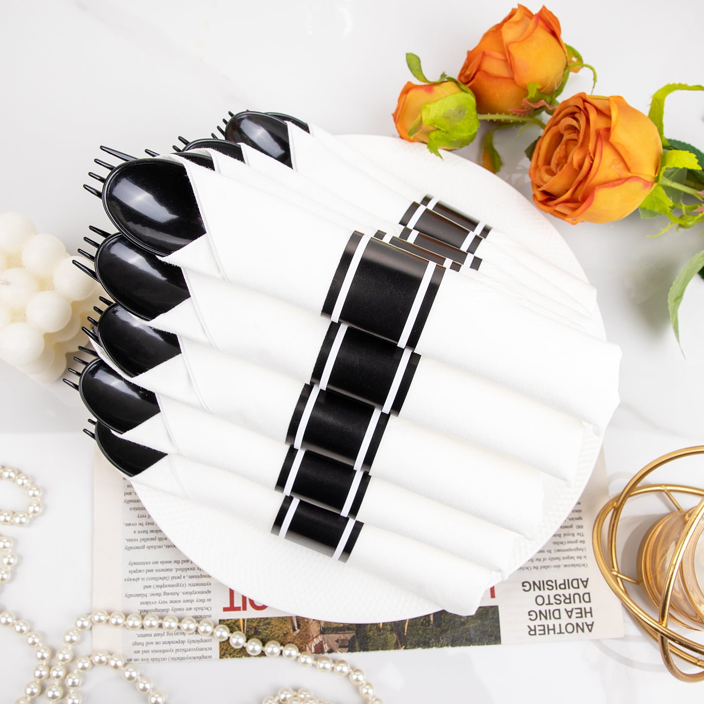 60 Pack Black Plastic Silverware,Rolled Plastic Silverware,Pre Wrapped Black Silverware,Heavy Duty Plastic Cutlery,Plastic Forks and Spoons,Rolled Cutlery with Napkins,Pre Wrapped Cutlery