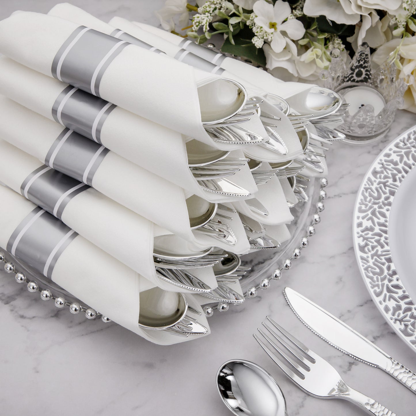 60 Pack Pre-Rolled Napkins with Silver Plastic Utensils,Heavy Duty Wrapped Cutlery,Silver Plastic Silverware, Forks and Spoons,Premium Disposable Plastic Silverware Sets for Any Occasion.