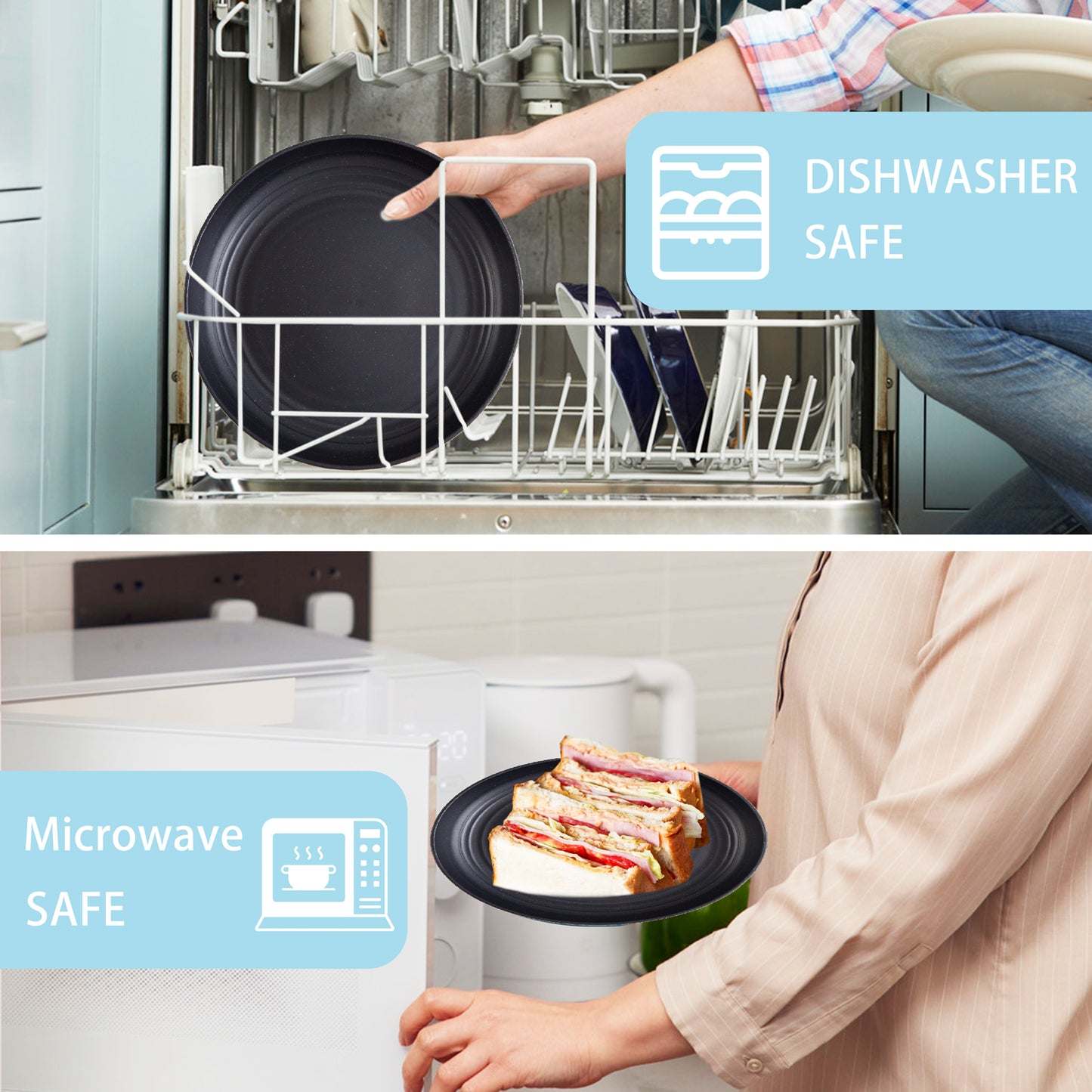 Wheat Straw Dinnerware Sets,Unbreakable Dinner Plates for 8,Microwave Dishwasher Safe,Reusable Dinnerware,Black Set 16pcs Plates, 8pcs Bowls, 8pcs Cups.