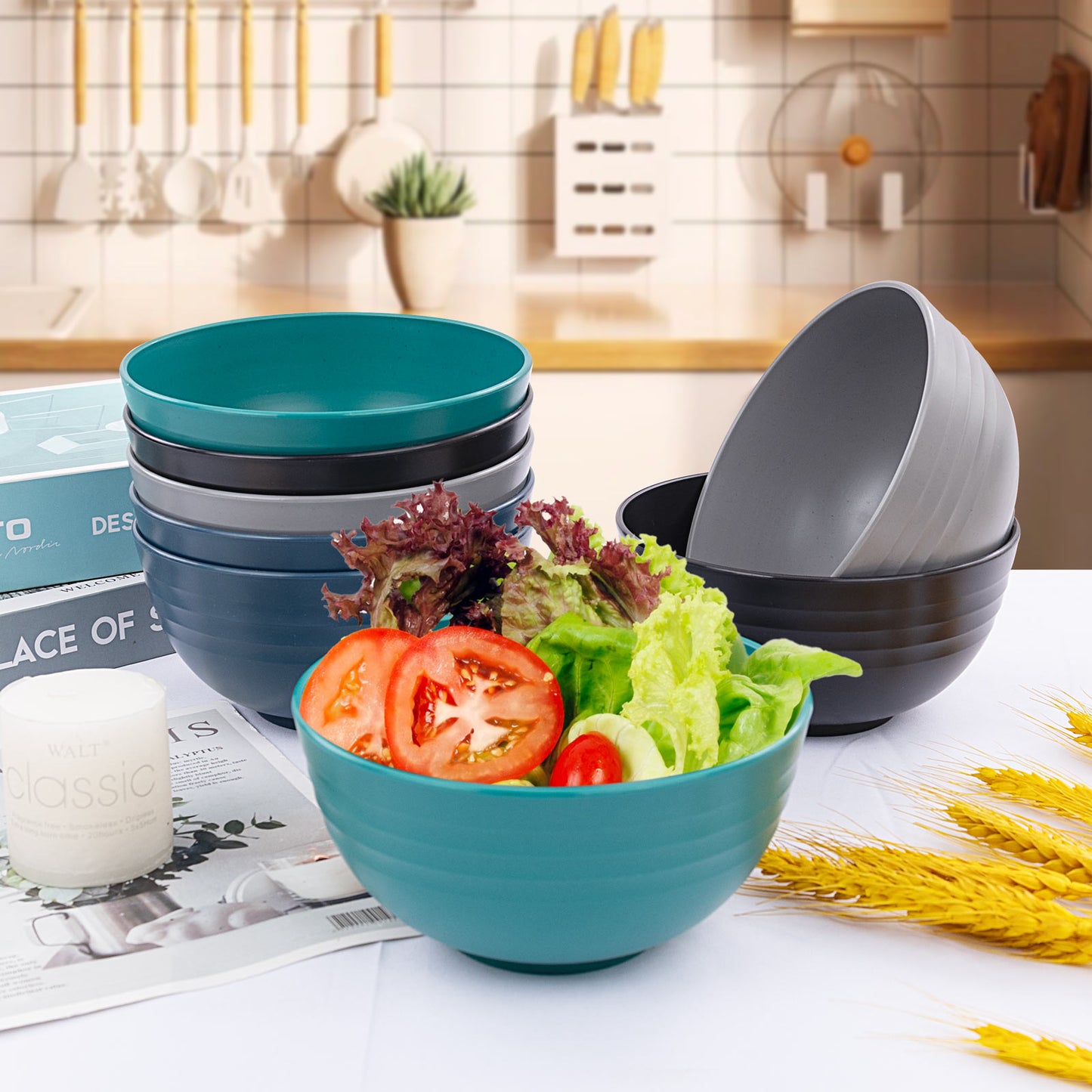 32pcs Wheat Straw Dinnerware Sets,Plastic Plates and Bowls Sets for 8,Unbreakable Plates and Bowls Sets Dishwasher Safe Microwave Safe Fun Colors Perfect for Cooking Family Camping Picnics