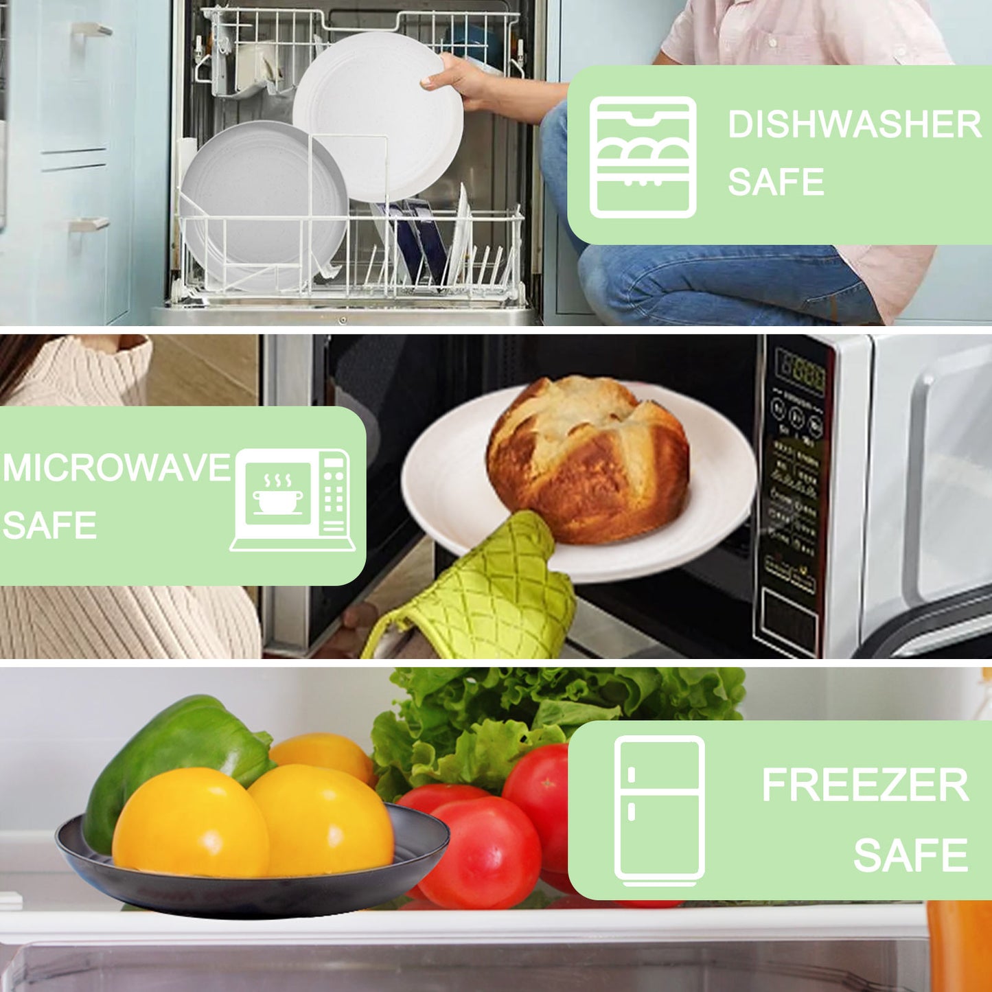 32pcs Wheat Straw Dinnerware Sets,Plates and Bowls Sets,Reusable Plastic Plates,Microwave Dishwasher Safe,Plastic Dinnerware Set,Four Color Set 16pcs Plates,8pcs Bowls,8pcs Cups