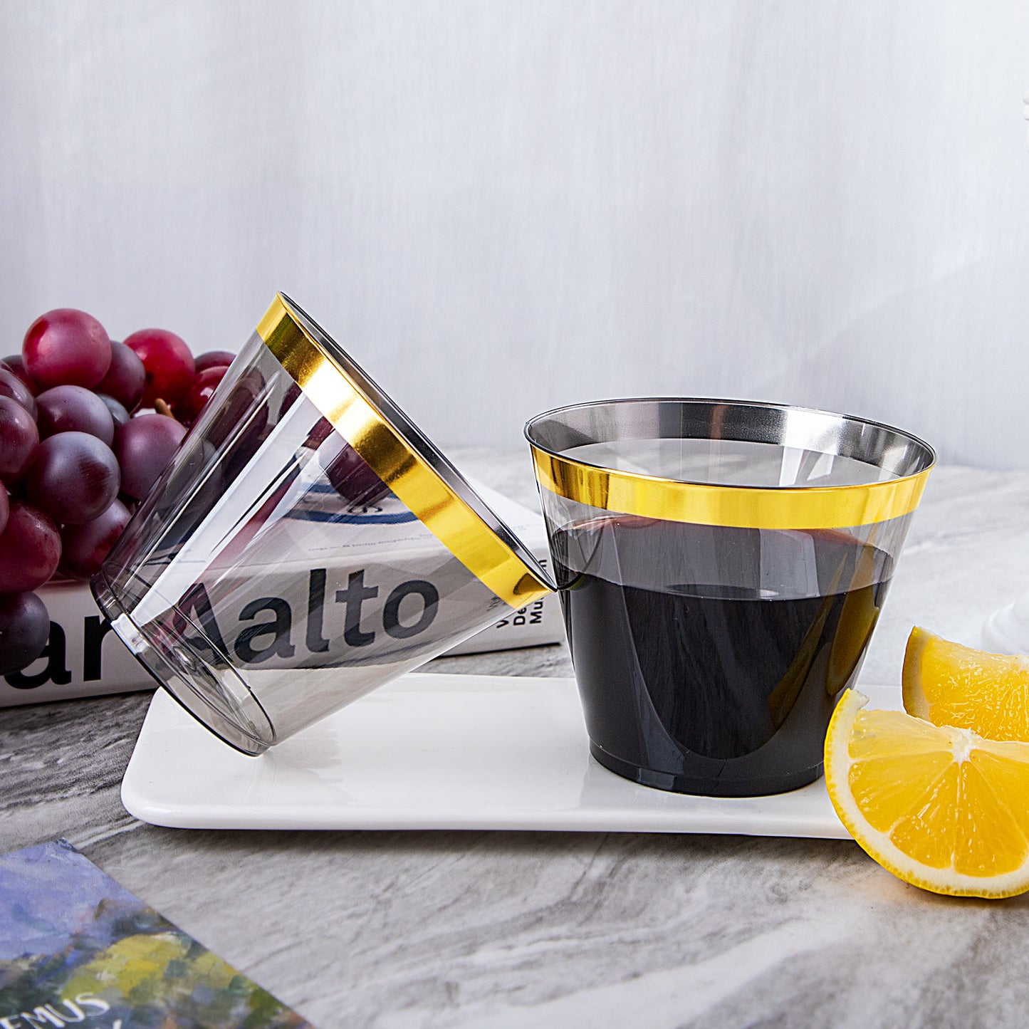 100pcs Gold and Black Plastic Cups 9OZ Elegant Gold Rimmed Plastic Cups Clear Party Cups Fancy Disposable Wedding Cups for Family Gatherings, Afternoon Tea, Parties