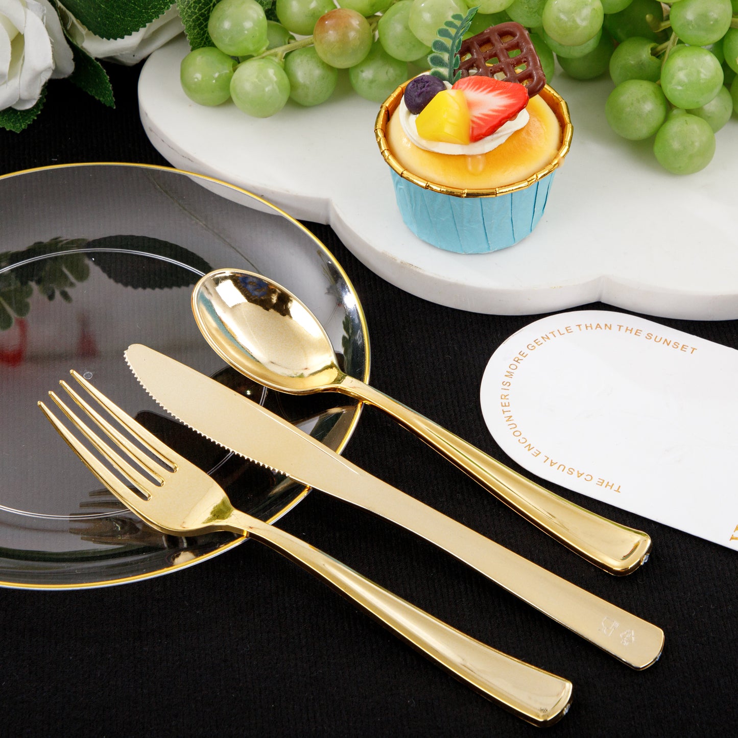 350PCS Clear and Gold Plastic Dinnerware Include Clear and Gold Plastic Plates Gold Plastic Silverware Heavy Duty,Gold Plastic Cups, Gold Napkins for Birthday Parties, Weddings