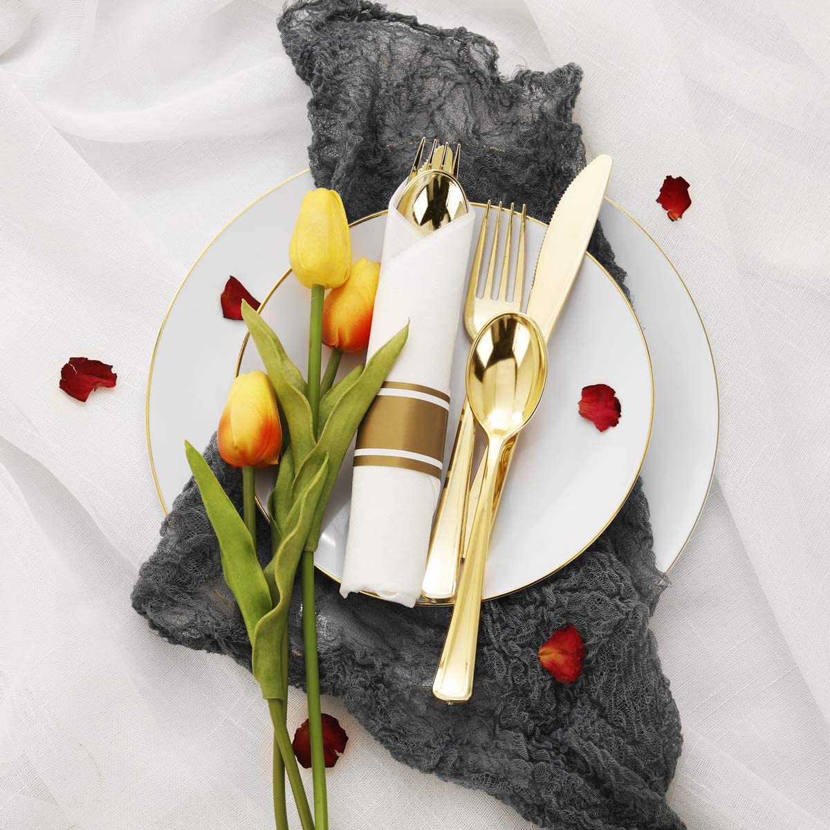 60 Pack Pre Rolled Napkins with Gold Plastic Silverware, Premium Disposable Gold Wrapped Cutlery Set Includes: 60 Forks 60 Knives 60 Spoons 60 Napkin for Party