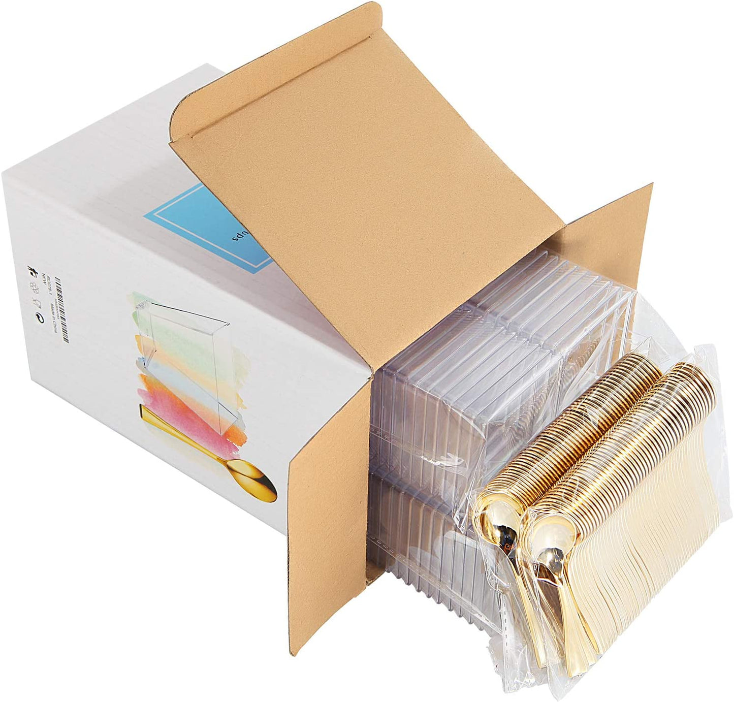 100pcs Square Plastic Dessert Cups (4oz) with 100pcs Mini Gold Plastic Spoons, Plastic Parfait Appetizer Cup, Medium Clear Dessert cups Perfect for Cakes, Ice Cream, Desserts Appetizers