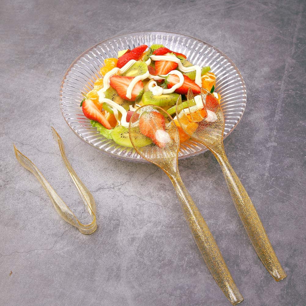 72 pcs Plastic Serving Utensils,Gold Plastic Silverware,24 pcs 10" Plastic Serving Spoons,24 pcs 10" Plastic Serving Forks,24pcs 6.3" Plastic Serving Tongs,Perfect for Birthday,Party,Wedding