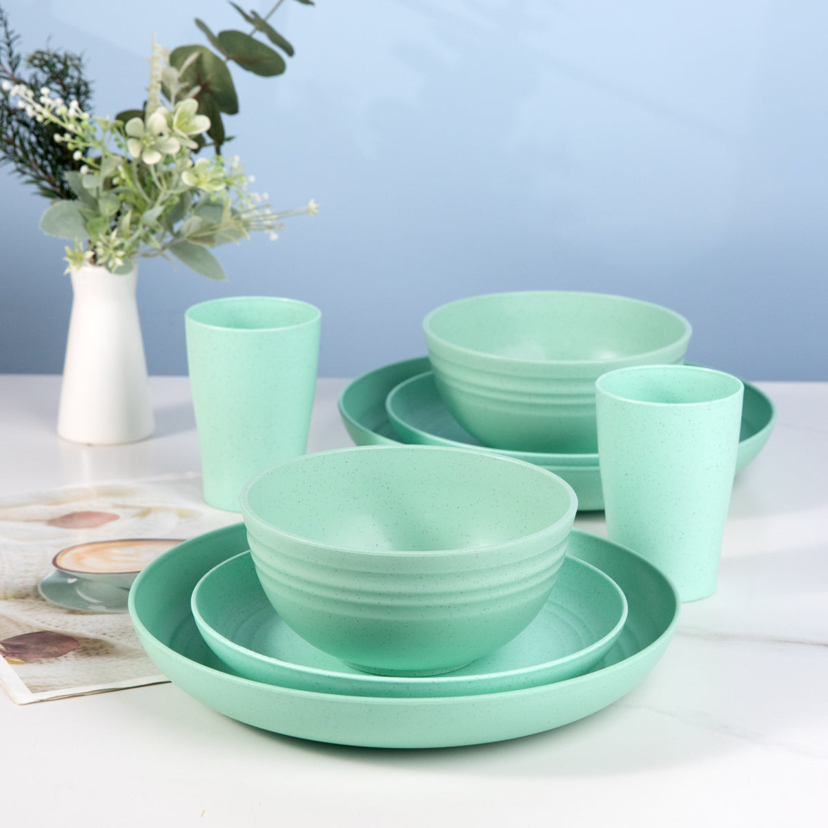 Wheat Straw Dinnerware, Microwave Dishwasher Safe, Unbreakable Light Weight Plates Service For 8, Reusable Tableware Set, Multicolor Set 16pcs Plates, 8pcs Bowls, 8pcs Cups
