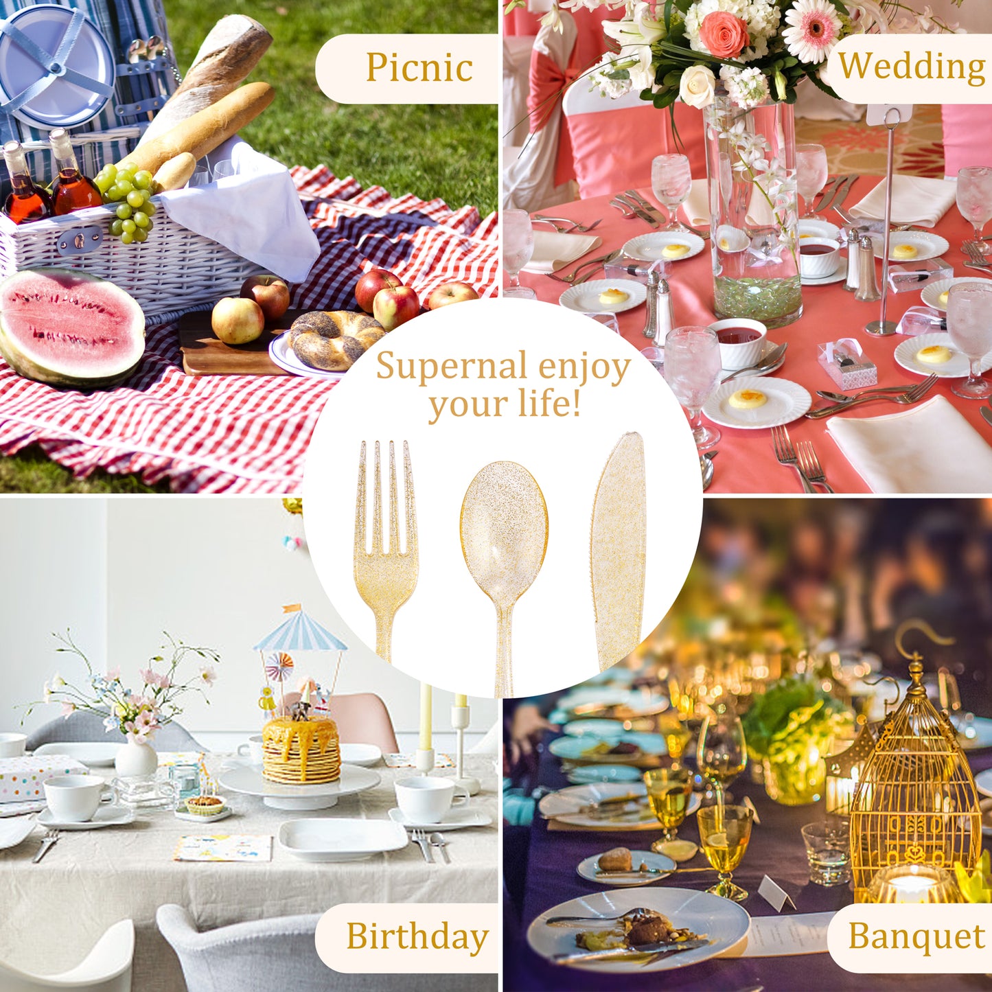 300pcs Gold Plastic Silverware,Gold Disposable Utensils,Gold Glitter Dinnerware Include 100pcs Plastic Gold Forks,100pcs Gold Spoons & 100pcs Gold Knives Perfect for Birthday, Wedding