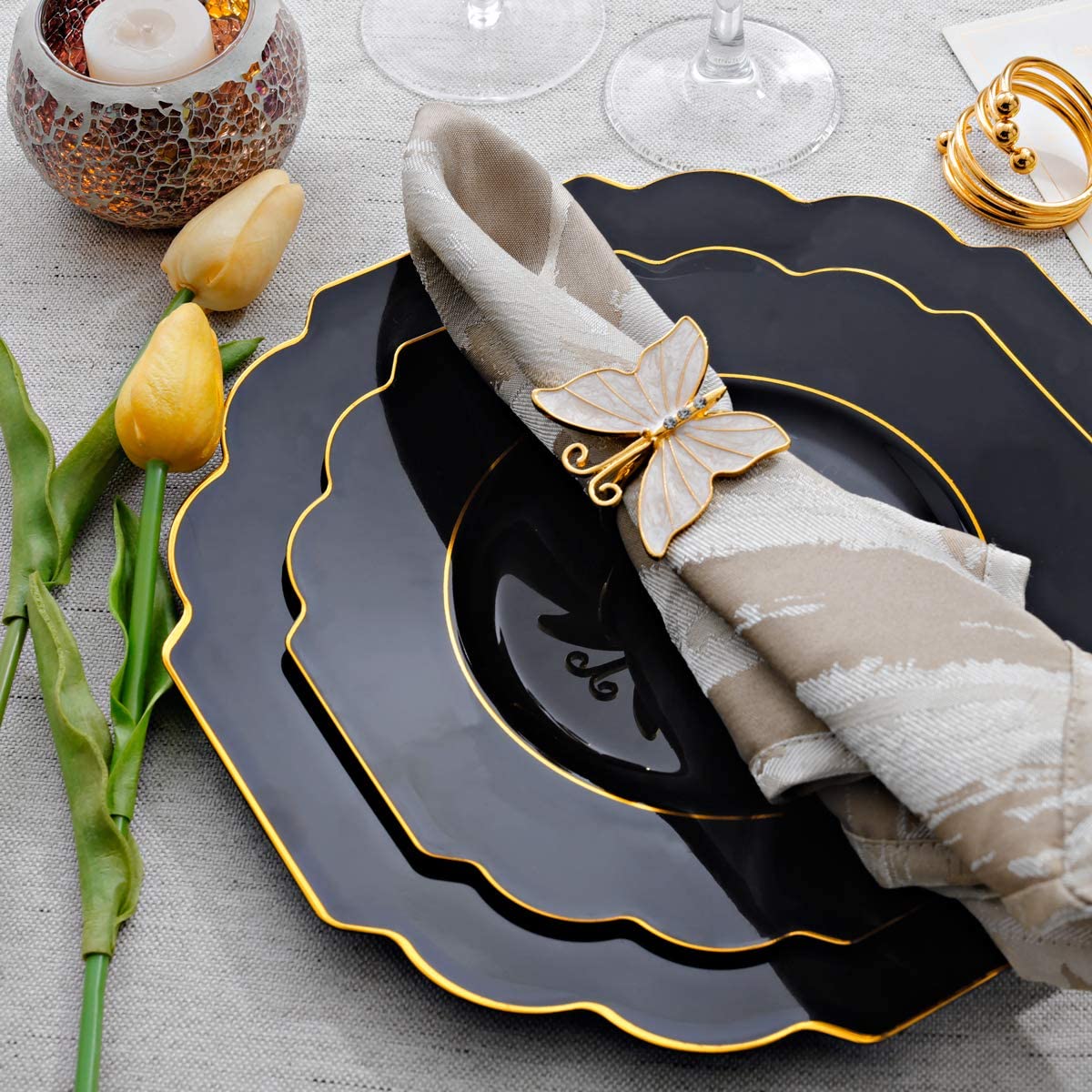 60pcs Black Plastic Plates,Black and Gold Plates Baroque,Gold Plates Plastic,Include 30 Plastic Dinner Plates,30 Appetizer Plates,Suit For Party, Birthday, Wedding, Easter and Monther's Day