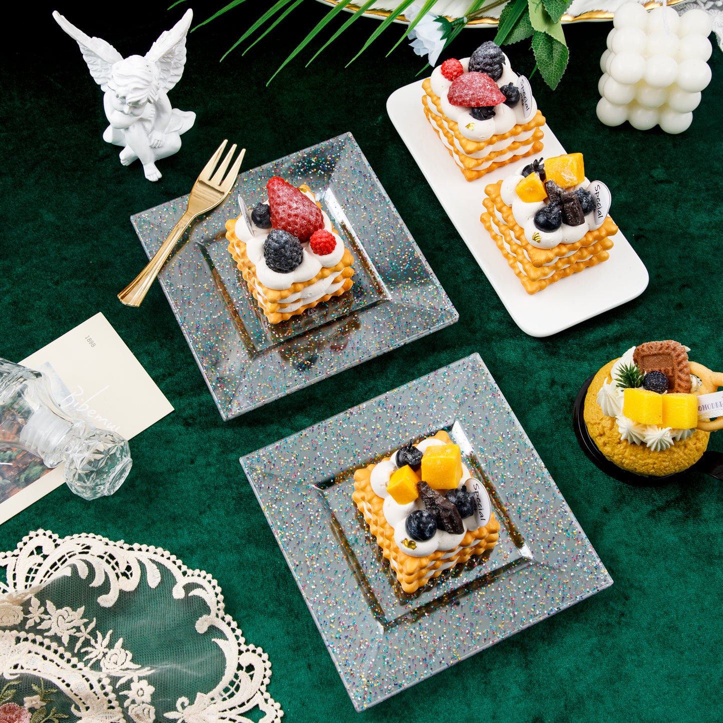 Plastic Square Plates, Glitter Design, 100pcs, 6'' Dishware, BPA Free, Reusable with Caveats, Clear