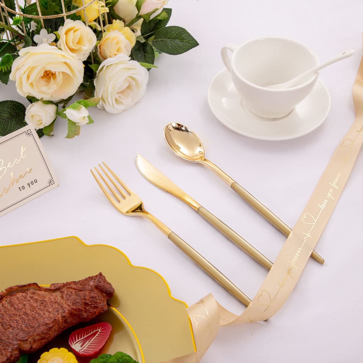102pcs Gold Plastic Silverware,Disposable Flatware with Dark Gold Handle,Gold Cutlery,Plastic Forks and Spoons Knives,34 Forks,34Knvies,34 Spoons,Perfect for Birthday,Party,Wedding