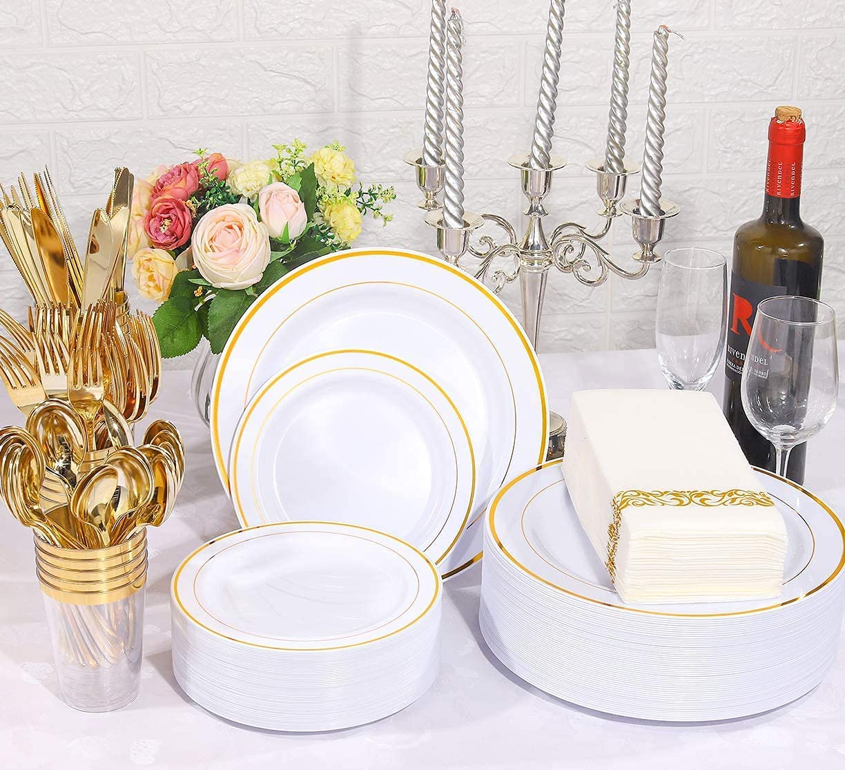 400pcs Gold Plastic Dinnerware Set Disposable Plates For Party Wedding Heavy Duty Gold Plastic Plates Gold Plastic Silverware,Gold Napkins,Suit for Thanksgiving Christmas