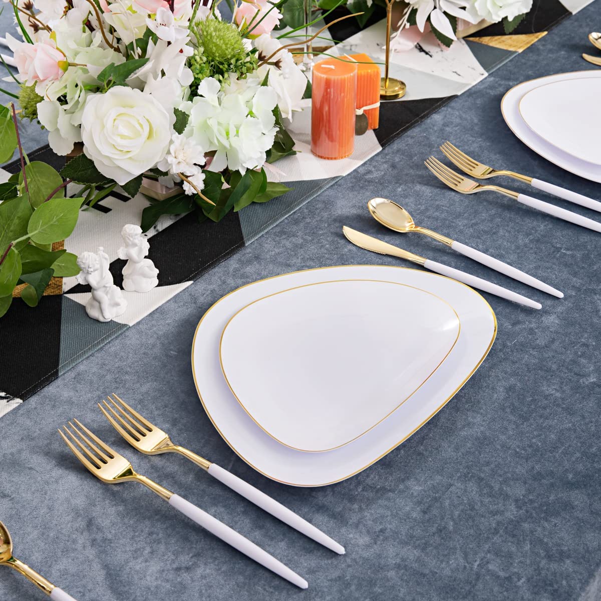 60pcs White Gold Plastic Plates,Gold Plastic Dinnerware Plates,Triangular Gold Plates,includes 30 Gold Plates and 30 Dessert Plates for Wedding and Parties