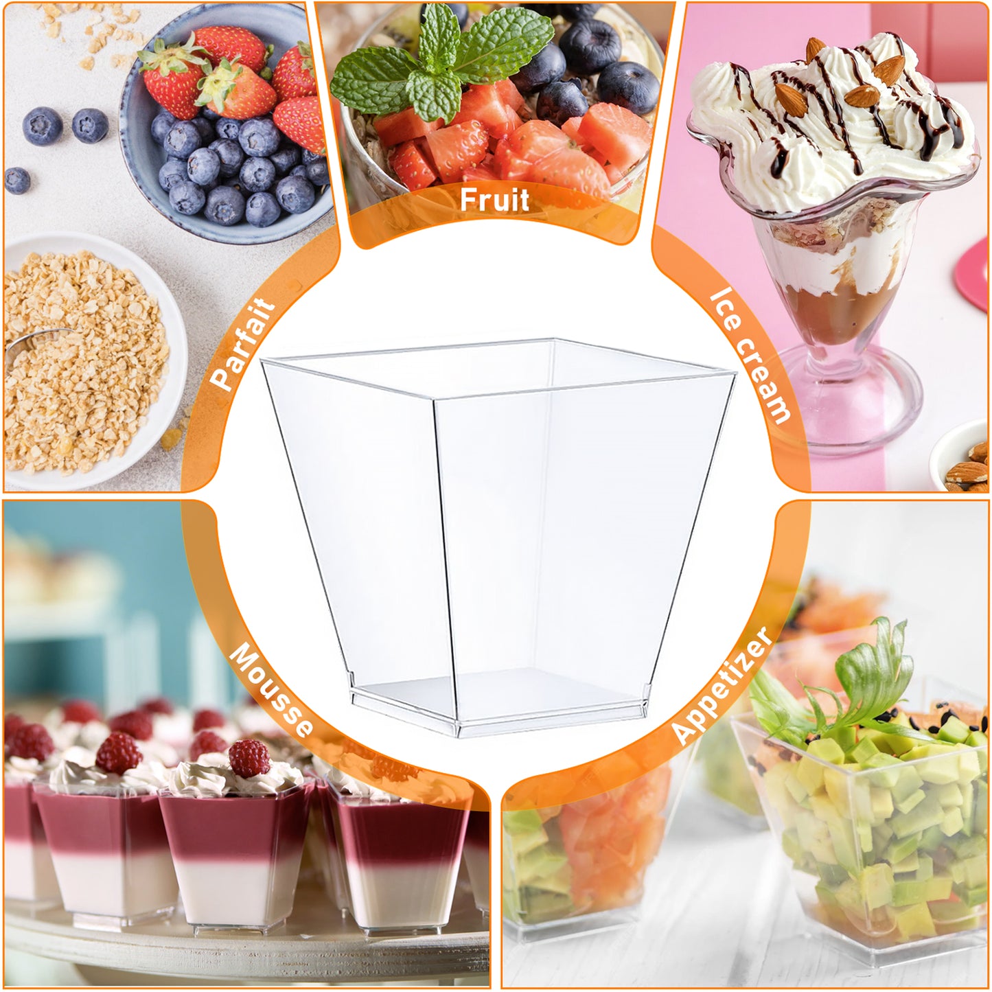 8oz Square Plastic Dessert Cups,Disposable Plastic Cups,Clear Dessert Cups 100pcs,Plastic Parfait Appetizer Cups Perfect for Birthday,Party,Wedding