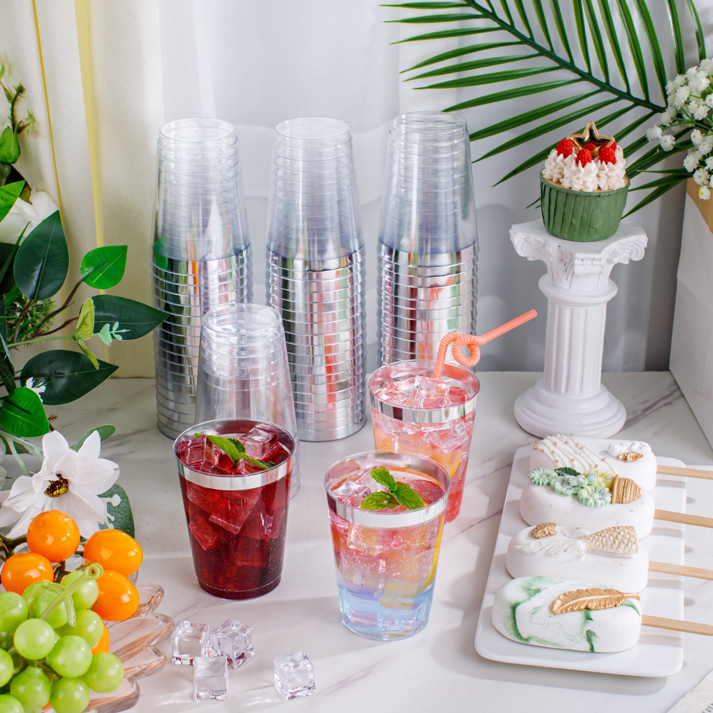 200pcs 10oz Silver Plastic Cups,Disposable Plastic Cups,Silver Rimmed Plastic Cups for Wedding, Halloween,Thanksgiving Day, Christmas Party Cocktails Tumblers