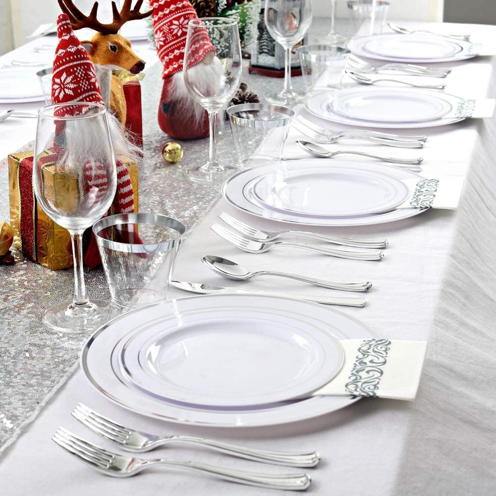 400pcs Silver Plastic Dinnerware Set,Silver and White Plastic Plates, Silver Plates Disposable for Party Wedding Plates,Silver Plastic Cutlery,Silver Cups Suit for Holiday Party Birthday