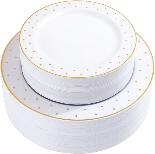 102pcs Gold Plastic Plates, Gold Rim Plates with Gold Point Design, Party Plastic Plates, Gold Dinnerware Suit for Wedding Includes: 51 Dinner Plates 10.25" and 51 Dessert Plates 7.25"