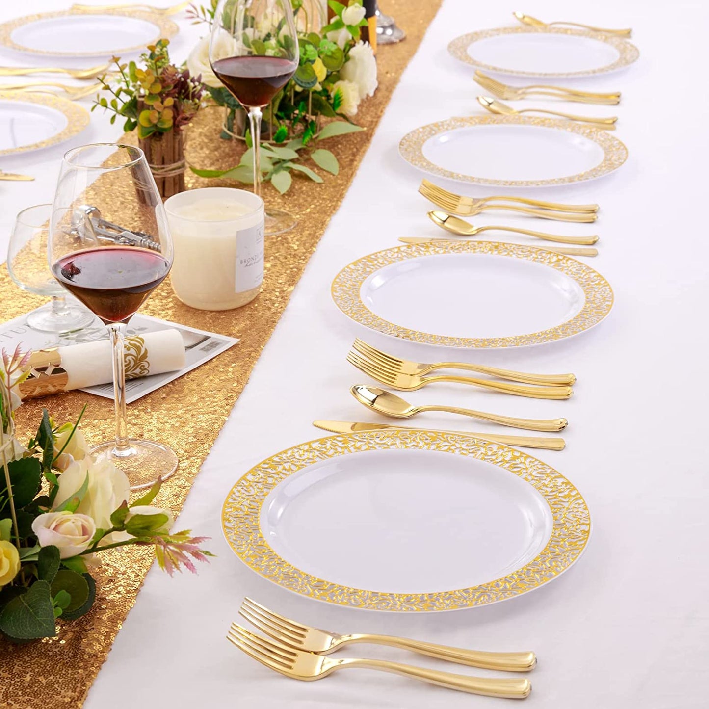 100pcs Gold Plastic Plates, 10.25" Plastic Dinner Plates, White Plastic Plates with Gold Rim,Gold Lace Plates,Gold Plastic Plates for Weddings Celebrations and Parties
