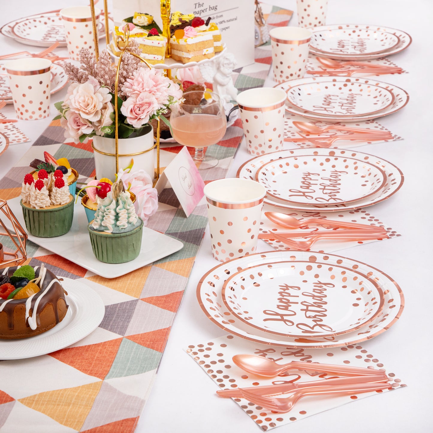 350pcs Rose Gold Plates and Napkins Party Supplies,Birthday Plates,Happy Birthday Paper Plates,Rose Gold Birthday Plates and Napkins,Cups,Forks,Knives,Spoon for Women Birthday Decorations
