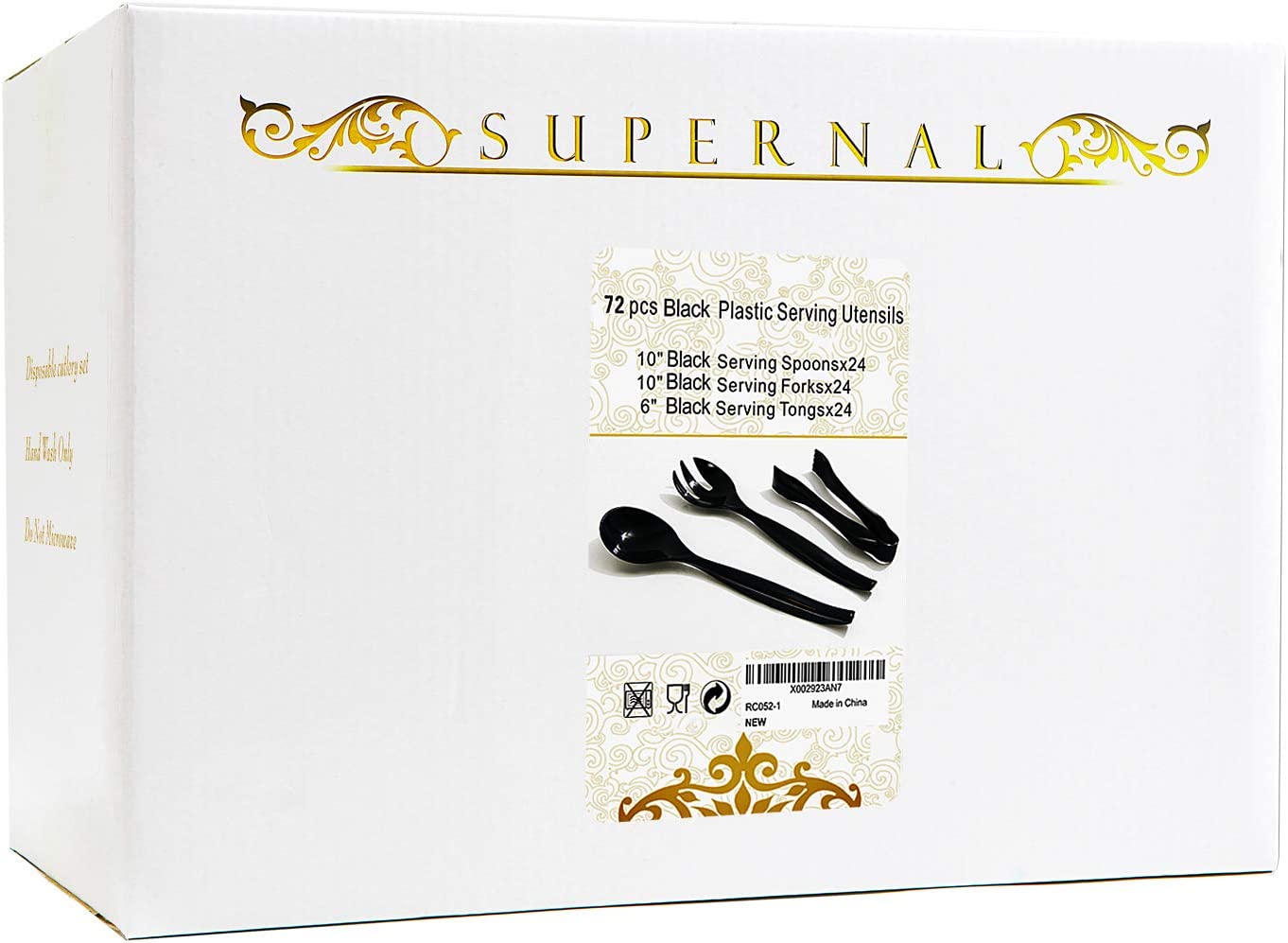 72pcs Plastic Serving Utensils Heavy Duty Disposable Serving Tongs Black Disposable Serving Set 10" Spoons 10" Forks 6" Tongs Each 24pcs