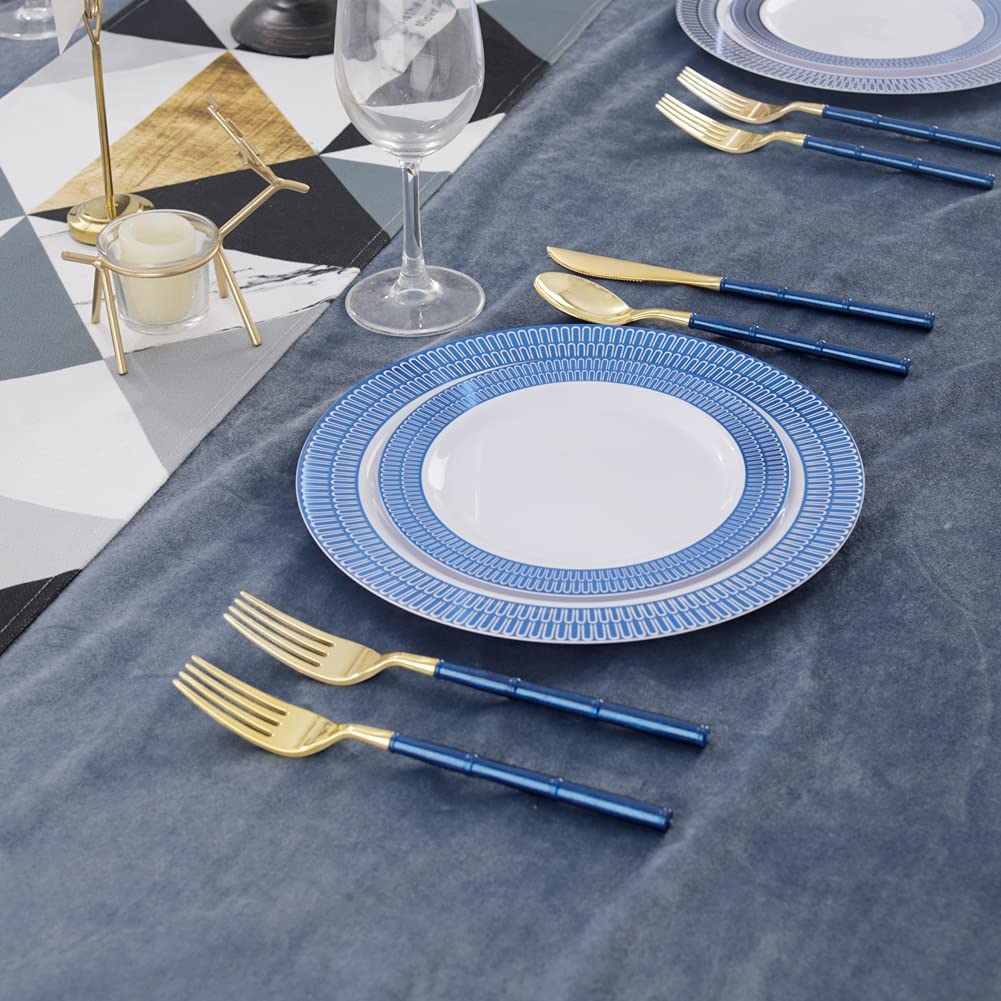 180 Pieces Gold Plastic Silverware,Gold Plastic Cutlery with Blue Glitter Bamboo Handle,Elegant Plastic durable Cutlery,60 Gold Knives,60 Gold Forks,60 Gold Spoons