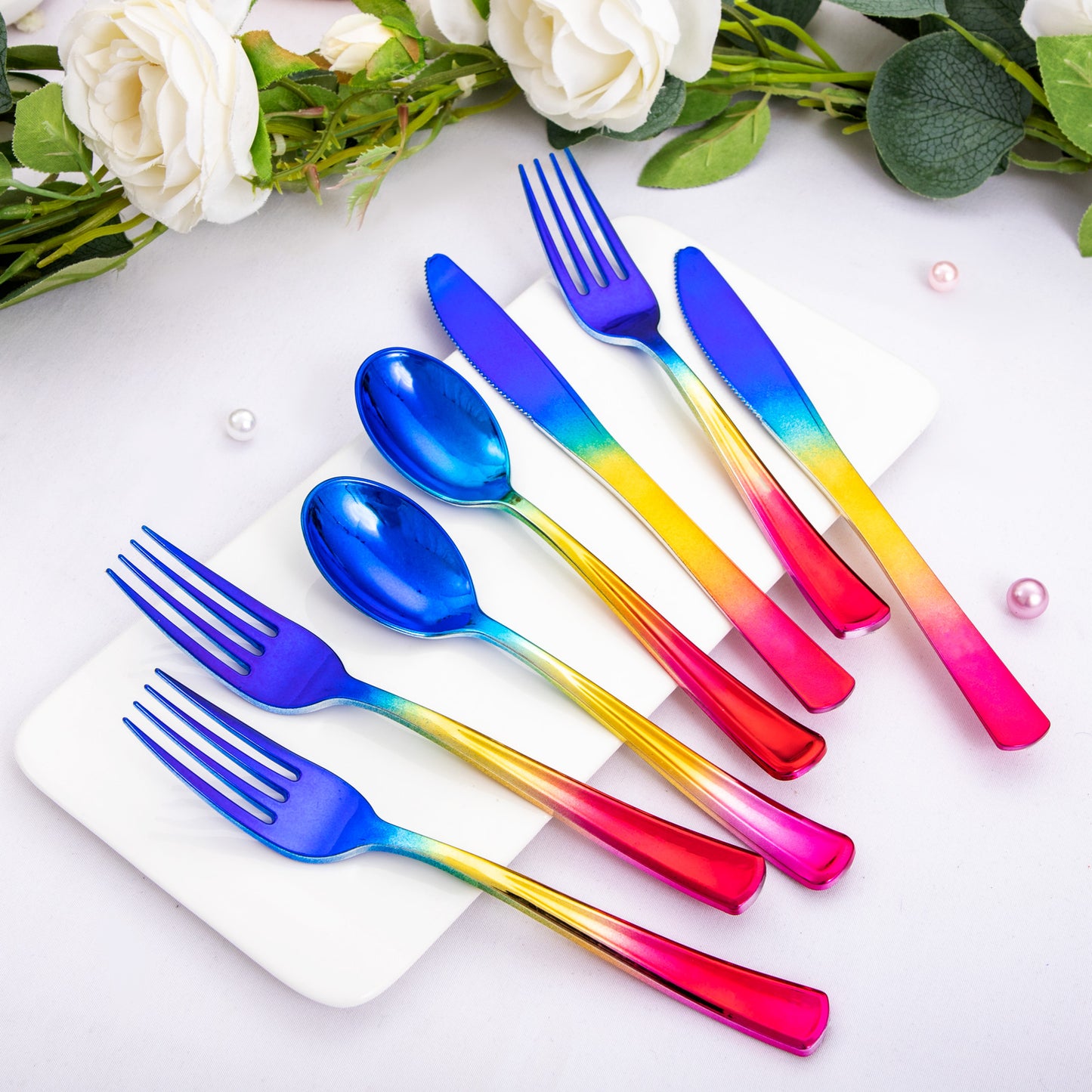 120pcs Rainbow Silverware Set,Rainbow Plastic Silverware,Rainbow Plastic Cutlery,Colorful Silverware Set,Rainbow Utensils,Rainbow Flatware,40 Forks,40 Knives and 40 Spoons for Trolls Party