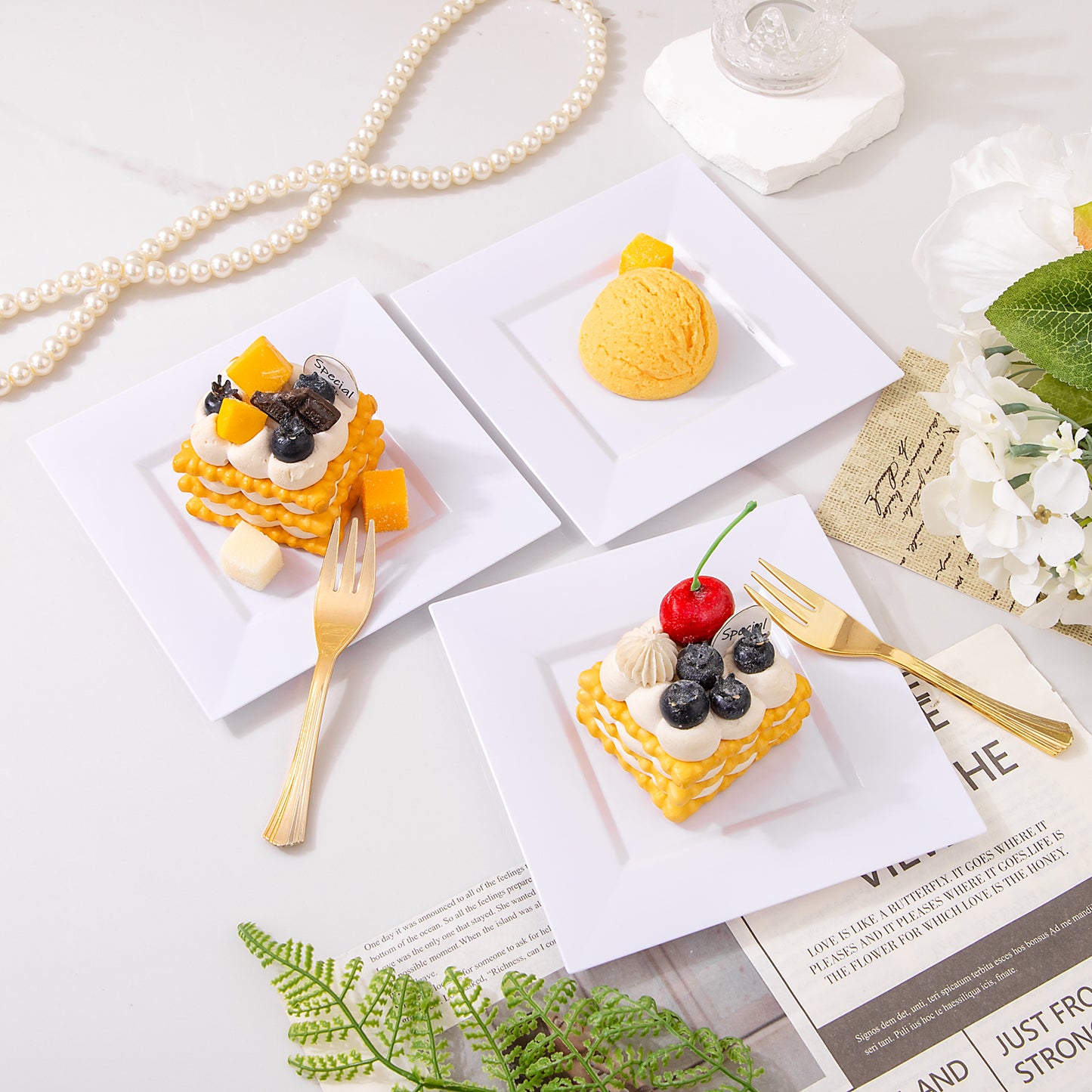 200Pcs White Dessert Plates 6" with Gold Plastic Forks 5.7",White Plastic Square Plates for 100 Guests,Fancy Gold Plates, Including 100 6" Plastic Plates and 100 5.7" Plastic Forks