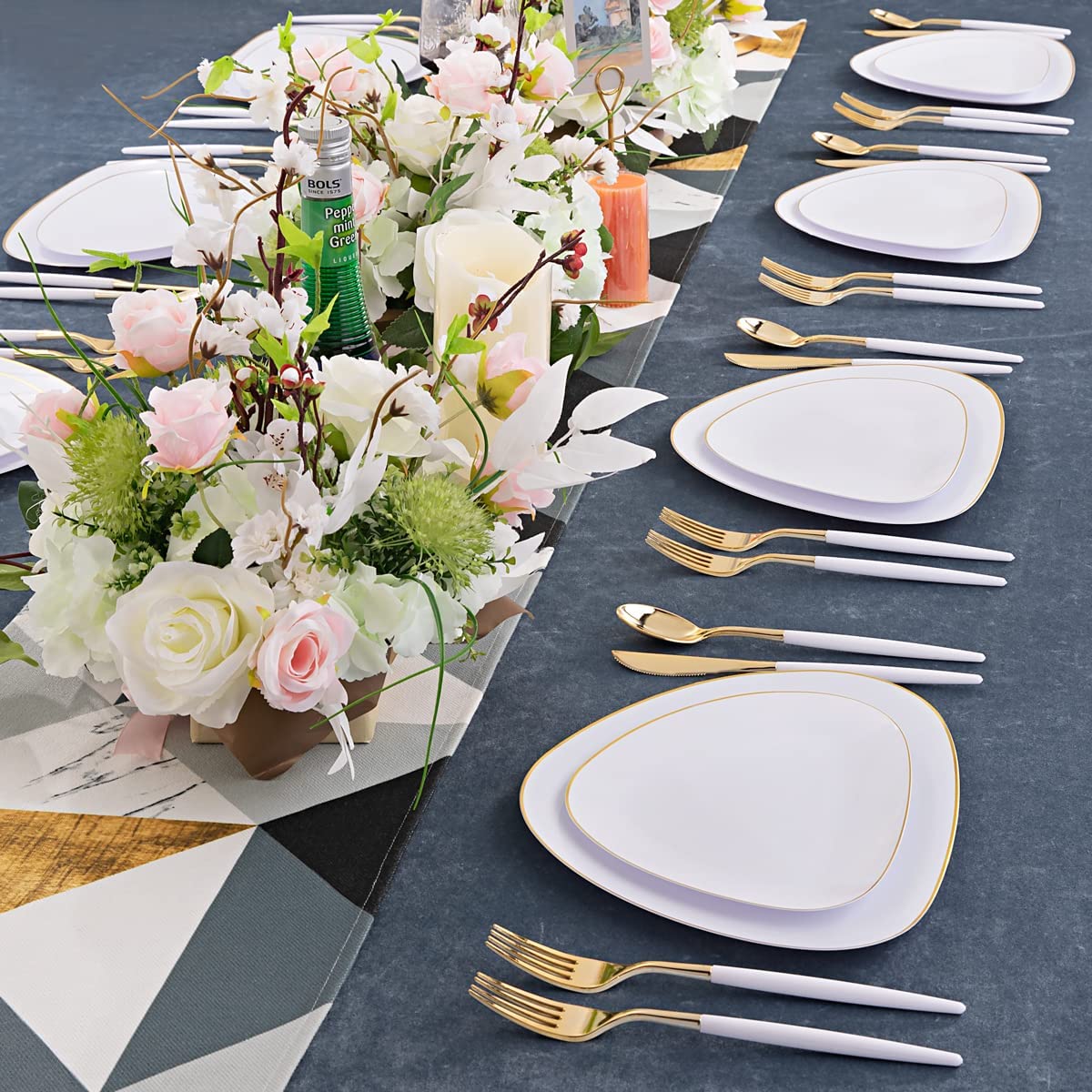 60pcs White Gold Plastic Plates,Gold Plastic Dinnerware Plates,Triangular Gold Plates,includes 30 Gold Plates and 30 Dessert Plates for Wedding and Parties