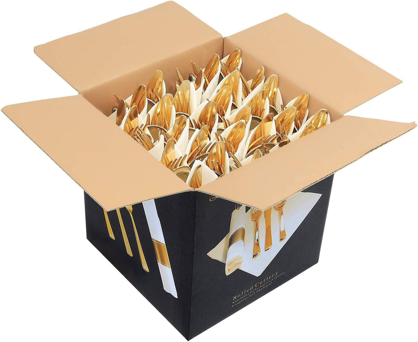 Set of 30pack, Pre Rolled Napkin with Gold Plastic Silverware, Disposable Gold Silverware with Linen Napkin, Heavy Weight, Wrapped Plastic Silverware Suit for Wedding, Catering Event, Party
