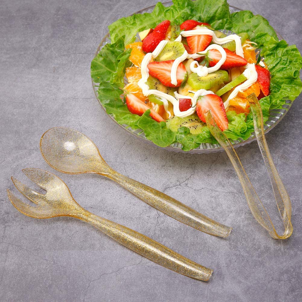 72 pcs Plastic Serving Utensils,Gold Plastic Silverware,24 pcs 10" Plastic Serving Spoons,24 pcs 10" Plastic Serving Forks,24pcs 6.3" Plastic Serving Tongs,Perfect for Birthday,Party,Wedding
